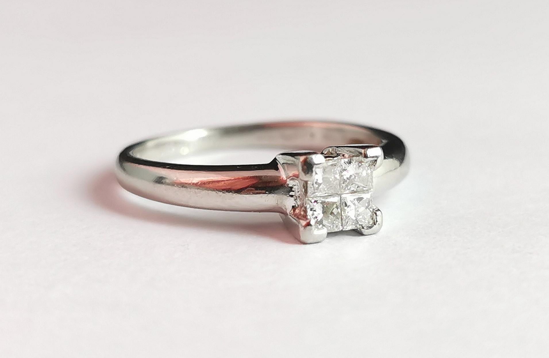 Vintage Princess Cut Diamond Four Stone Ring, Platinum, Engagement Ring 4