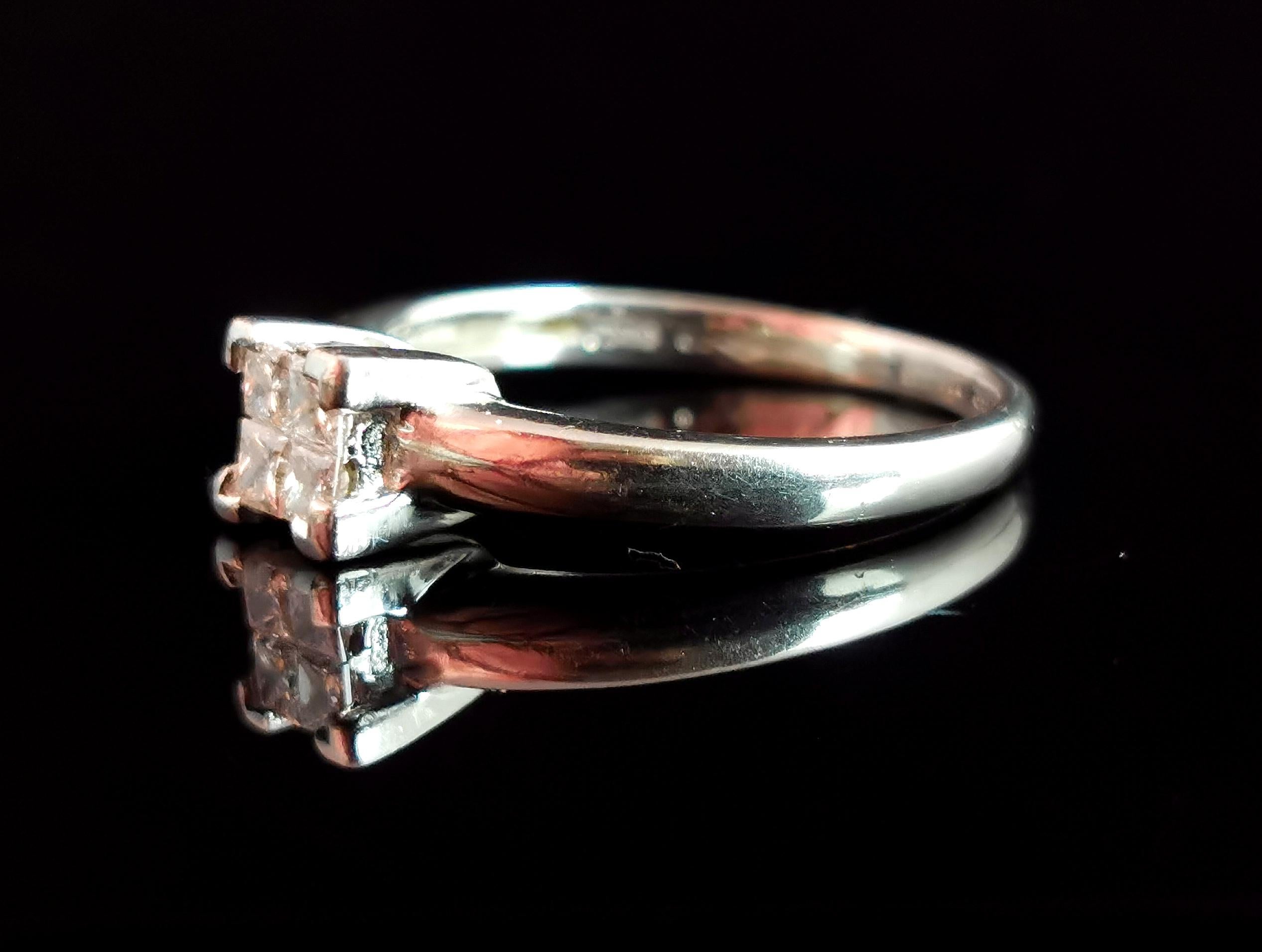 Women's Vintage Princess Cut Diamond Four Stone Ring, Platinum, Engagement Ring