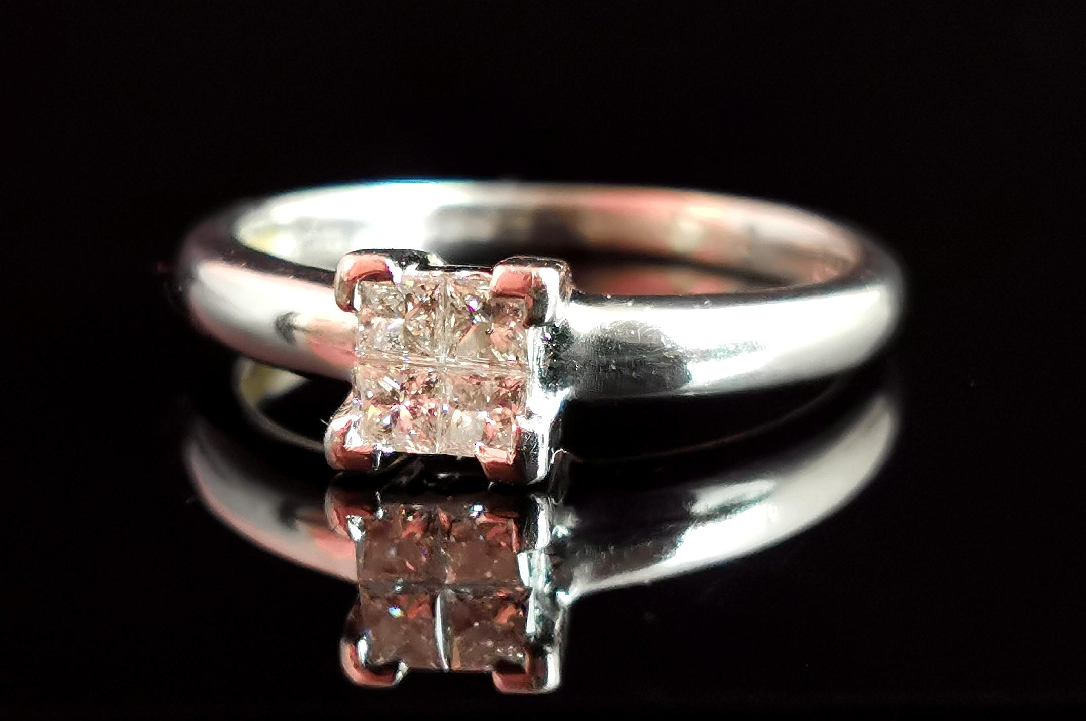 Vintage Princess Cut Diamond Four Stone Ring, Platinum, Engagement Ring 1