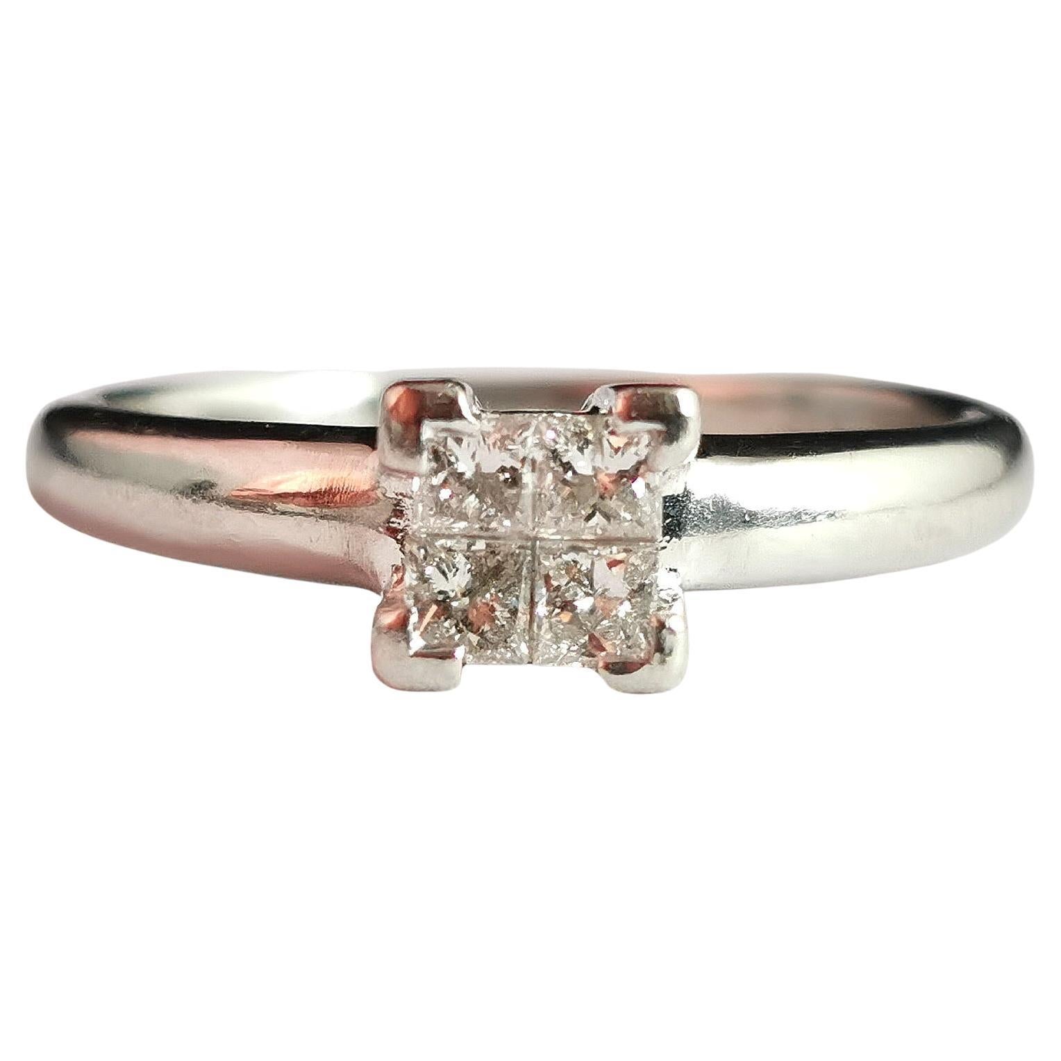 Vintage Princess Cut Diamond Four Stone Ring, Platinum, Engagement Ring