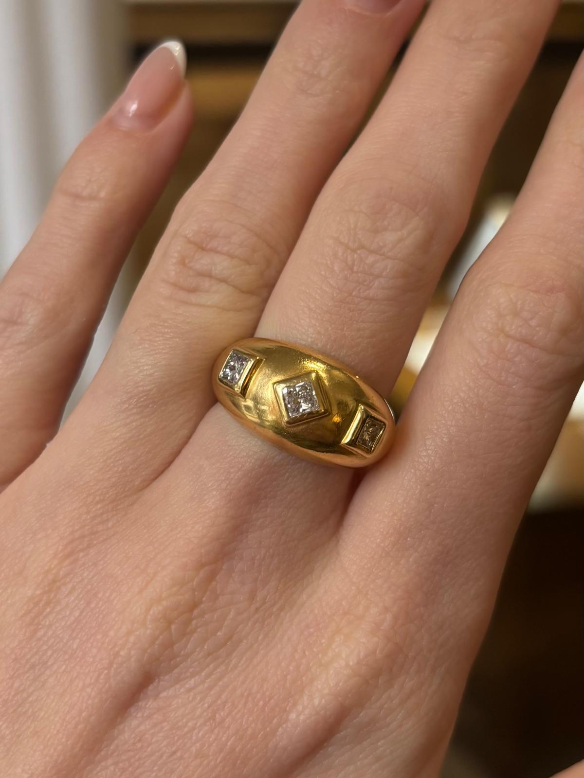 Vintage Princess Cut Diamond Gypsy Set Domed Ring Set in 18k Yellow Gold For Sale 5