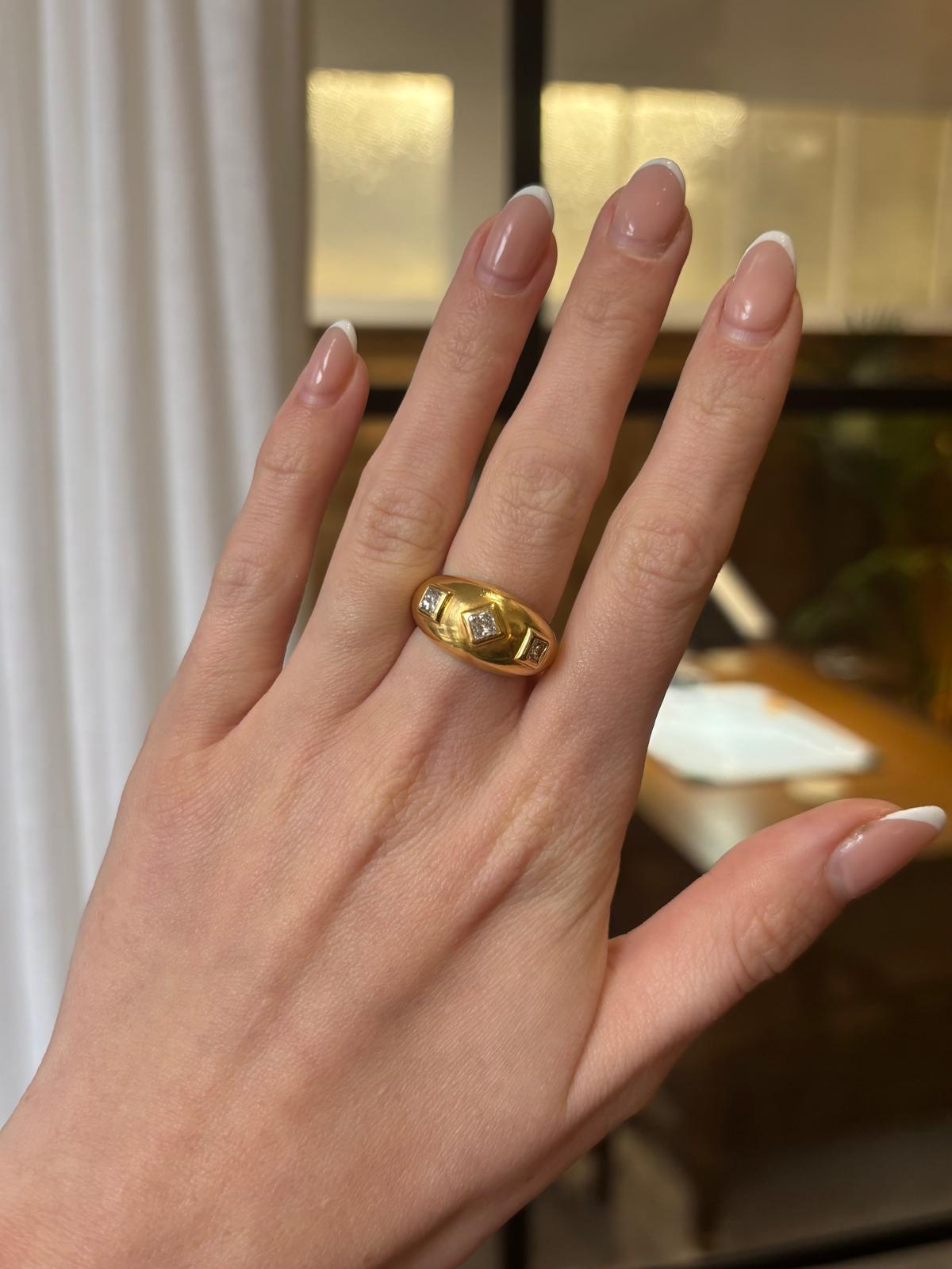 Vintage Princess Cut Diamond Gypsy Set Domed Ring Set in 18k Yellow Gold For Sale 6