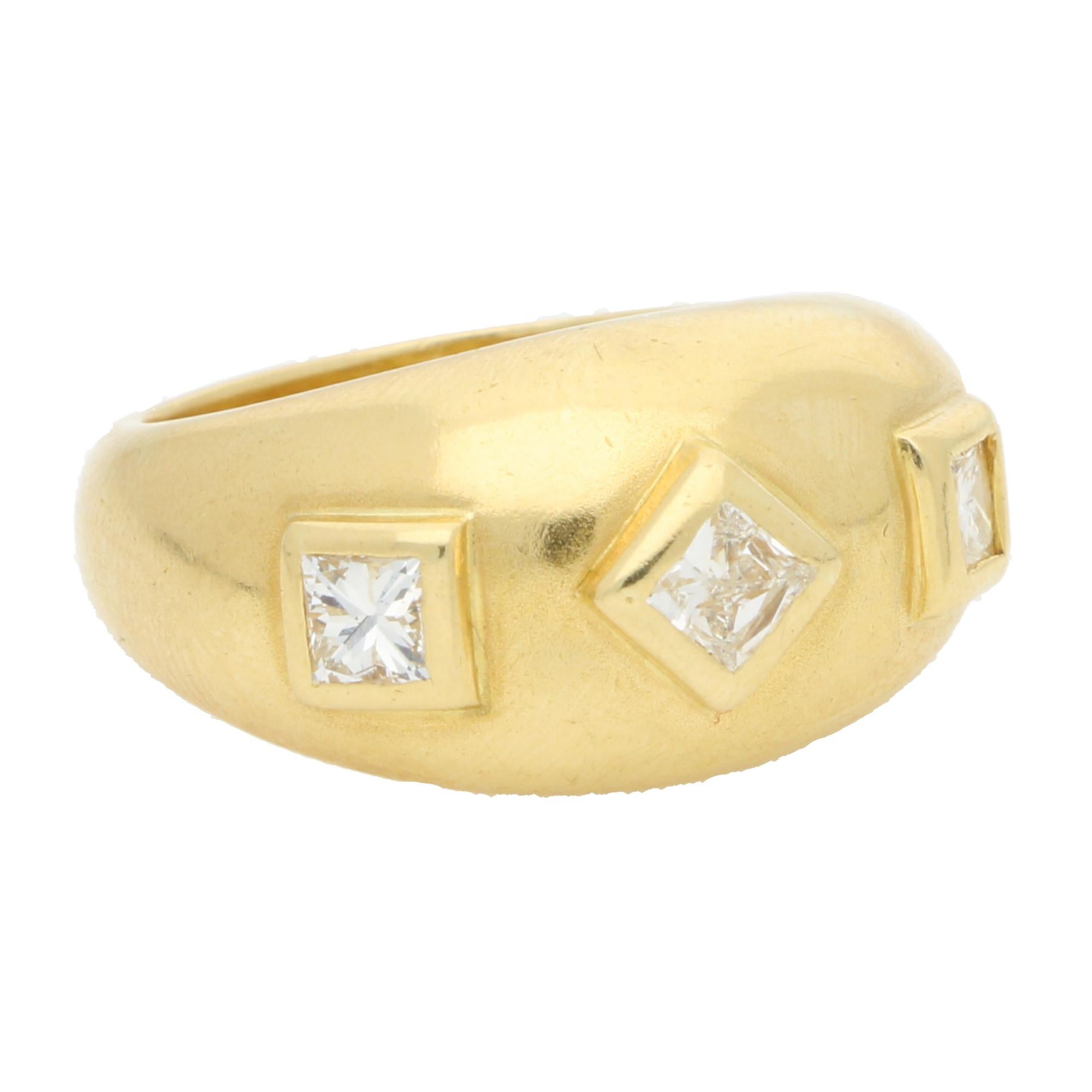Retro Vintage Princess Cut Diamond Gypsy Set Domed Ring Set in 18k Yellow Gold For Sale