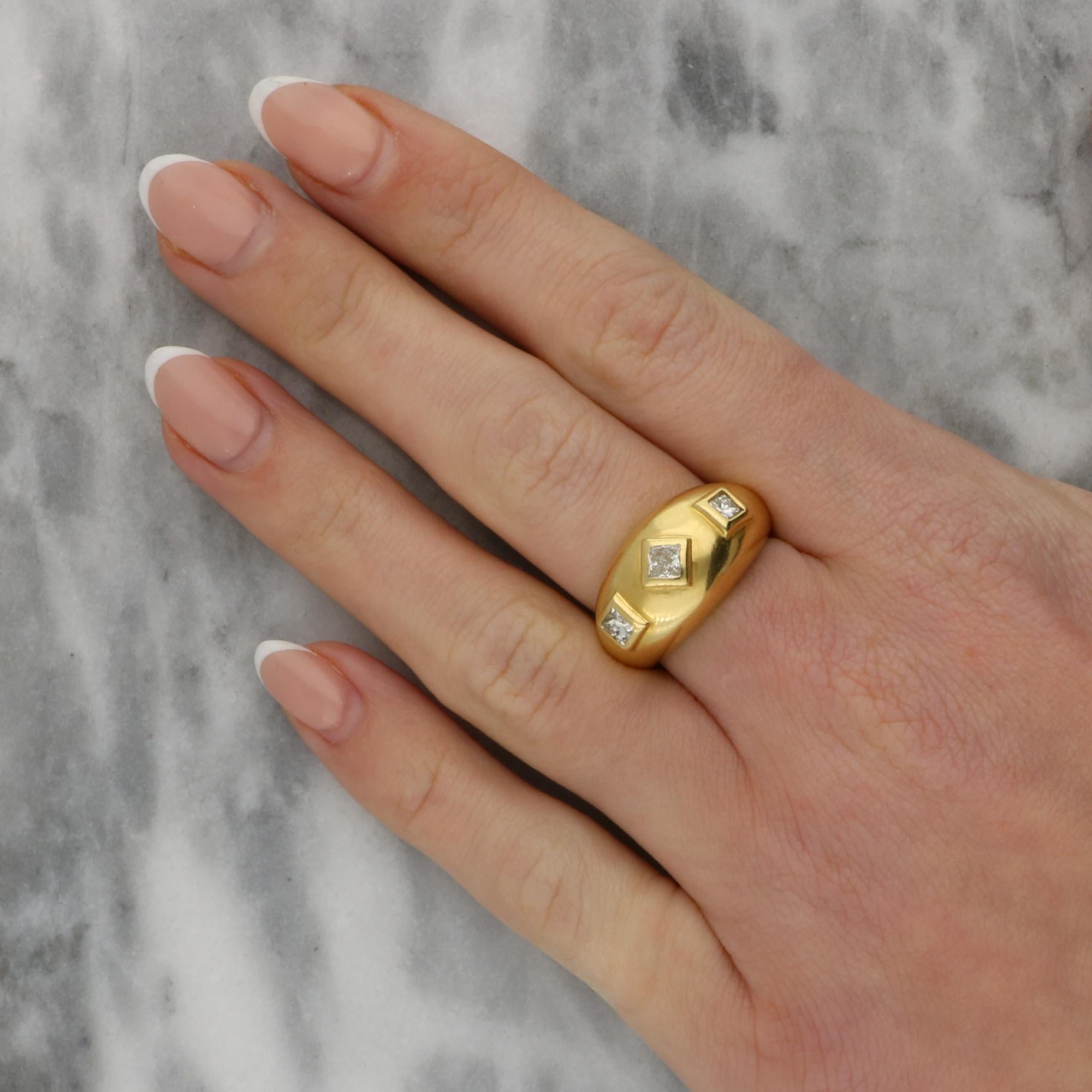 Women's or Men's Vintage Princess Cut Diamond Gypsy Set Domed Ring Set in 18k Yellow Gold For Sale