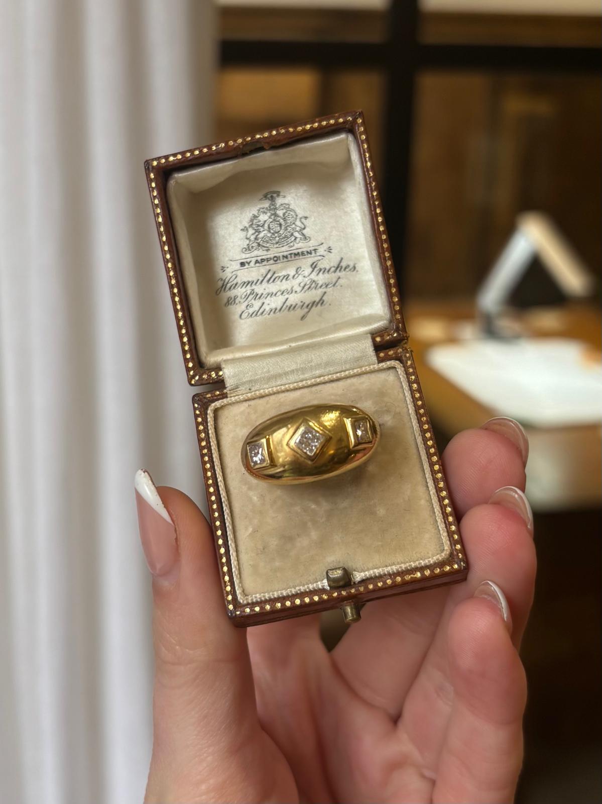 Vintage Princess Cut Diamond Gypsy Set Domed Ring Set in 18k Yellow Gold For Sale 2
