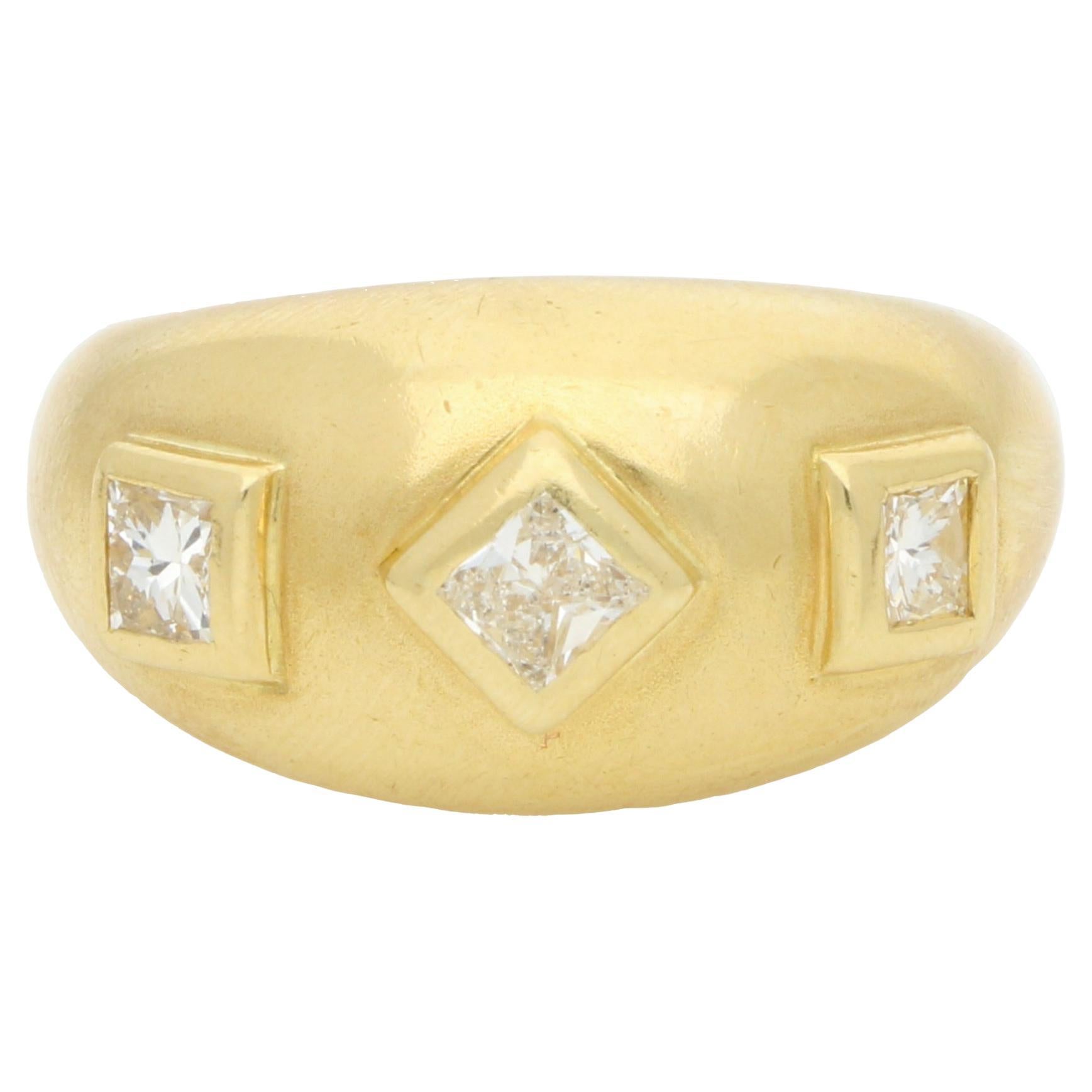 Vintage Princess Cut Diamond Gypsy Set Domed Ring Set in 18k Yellow Gold