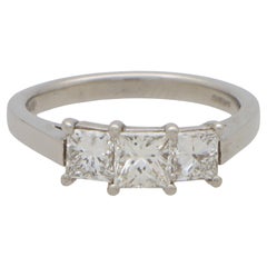 Vintage Princess Cut Diamond Three Stone Ring in 18k White Gold