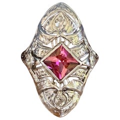 Princess Cut Pink Tourmaline and Euro Cut Diamond 18 Karat White Gold Ring