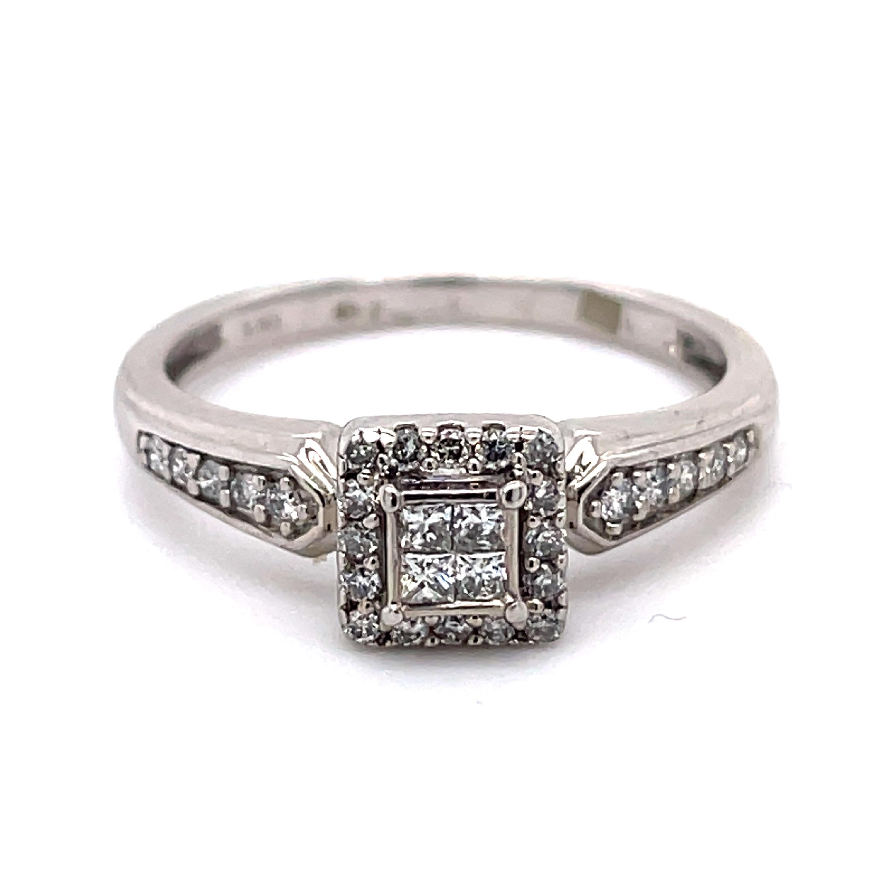 Vintage princess cut ring, dainty ring, 10K, 0.17ct diamonds, gold promise ring

Jewelry Material: White Gold 10k (the gold has been tested by a professional)
Total Carat Weight: 0.17ct (Approx.)
Total Metal Weight: 2.17g
Size: 6.25 US\ EU 52 \
