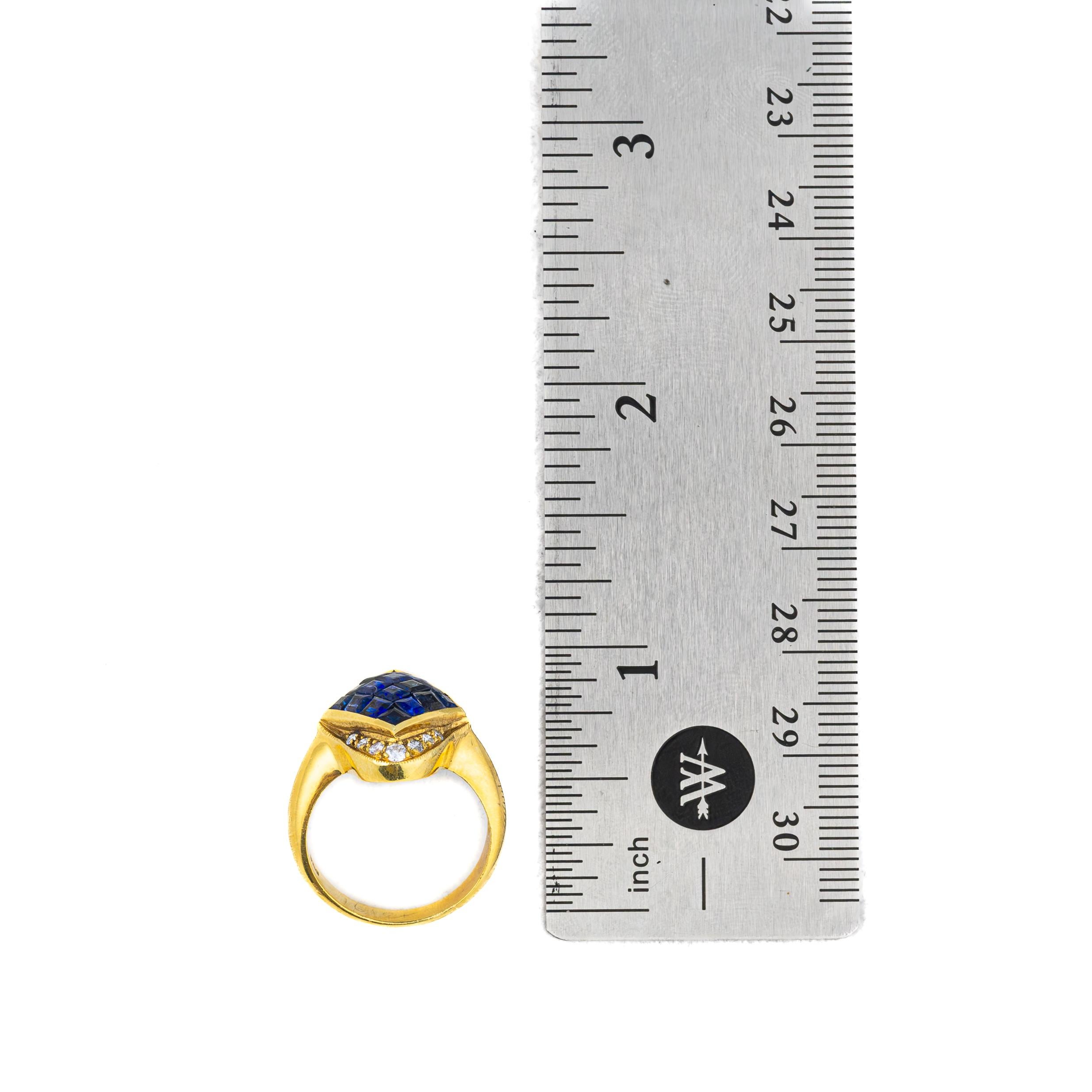 Princess Cut Vintage Invisible Set Sapphire and Diamond Gold Ring For Sale