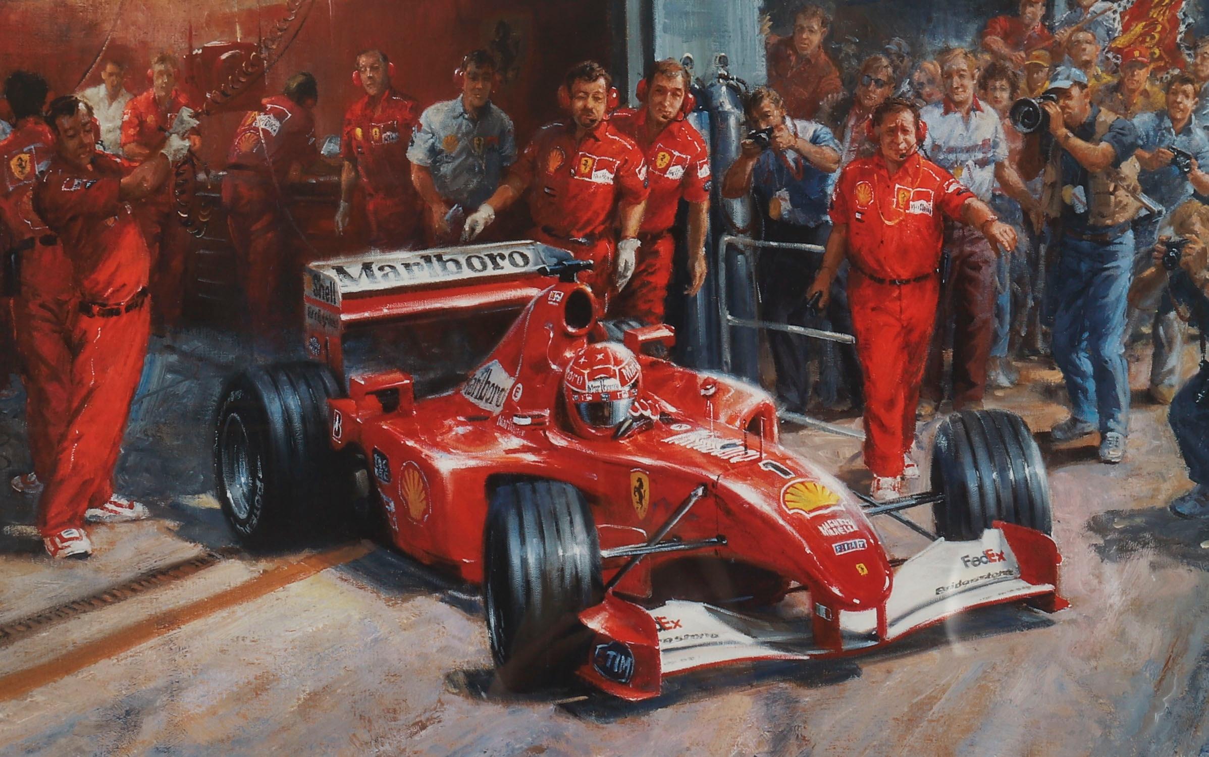 Vintage Print Alan Fearnley 'Just Another Day at The Office' Schumacher 2001 im Zustand „Gut“ in London, GB