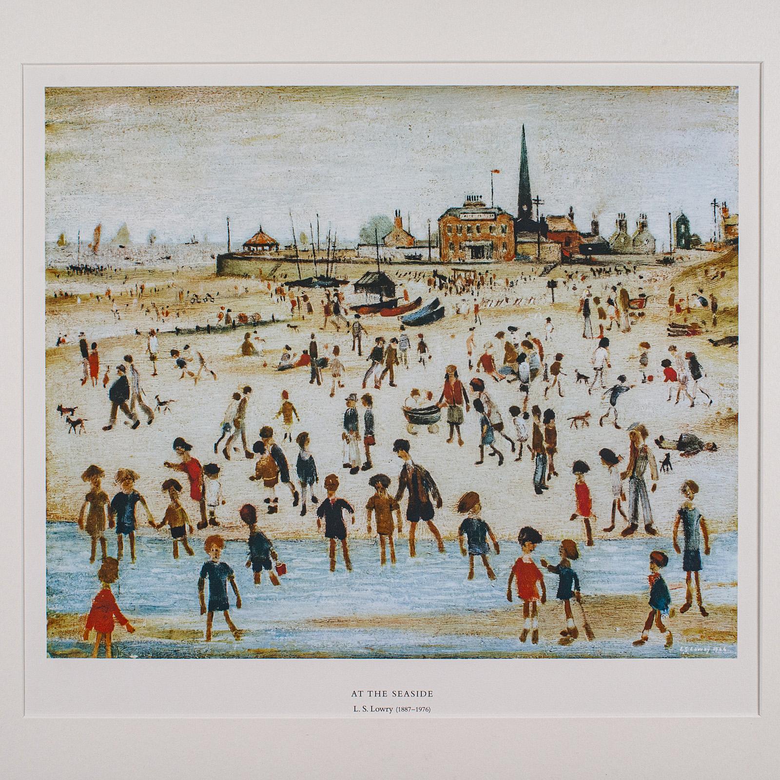 British Vintage Print, At The Seaside, LS Lowry, English, Framed Art Reproduction, 1990 For Sale