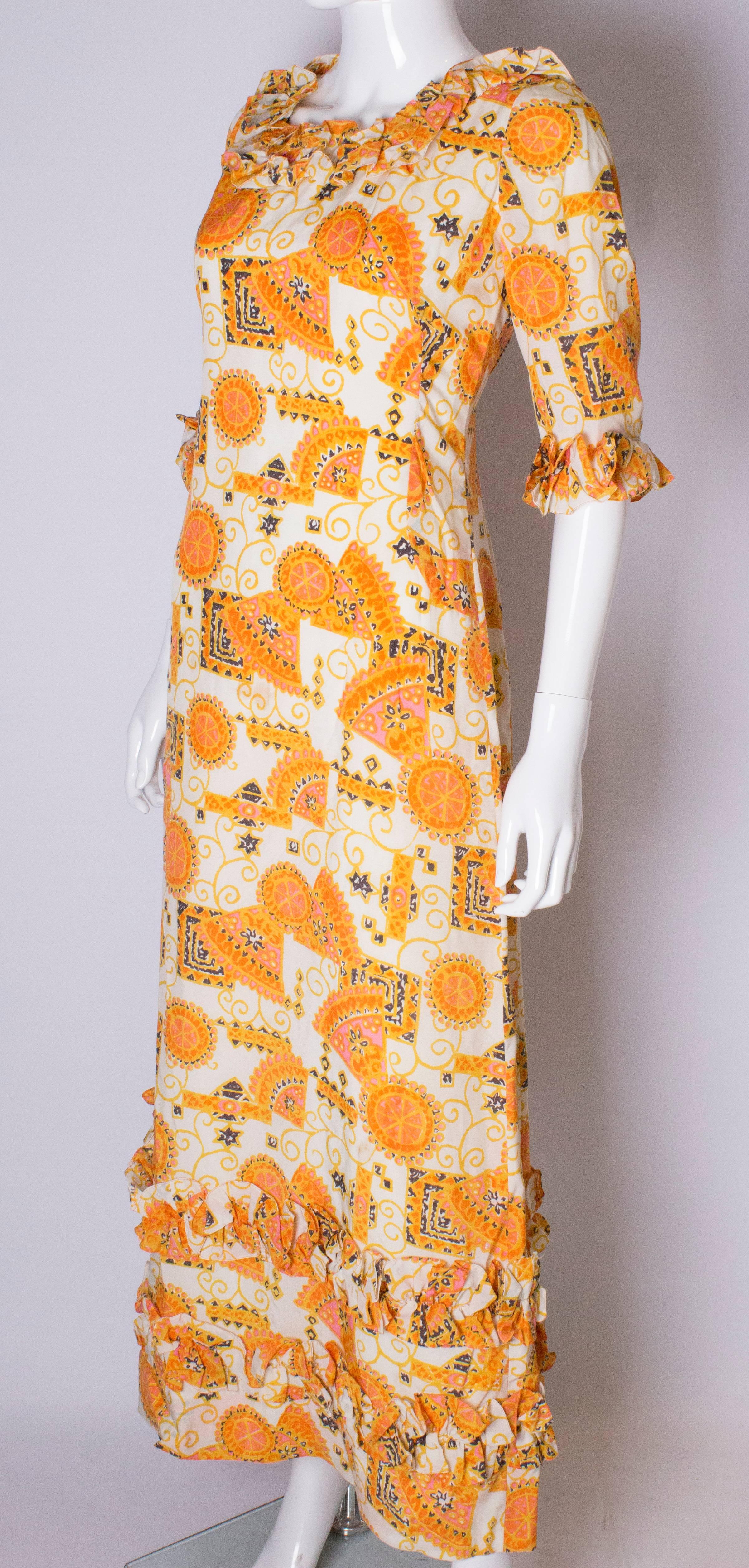 Orange Vintage Print Frilled Gown by Binnie London For Sale