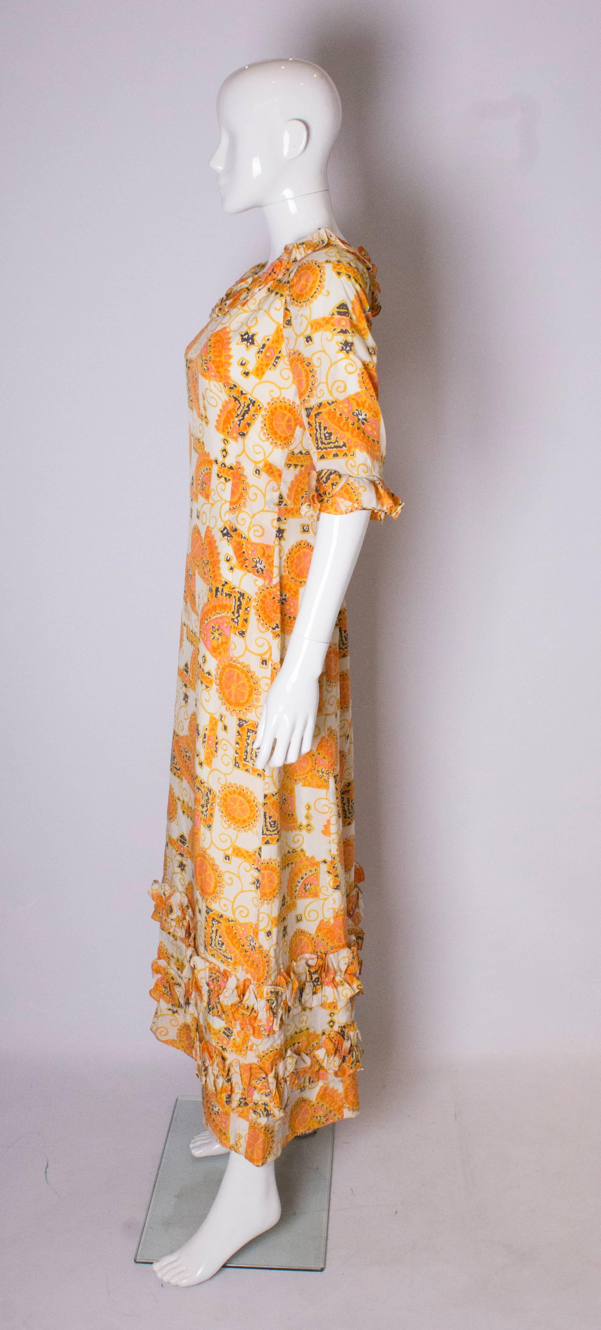Women's Vintage Print Frilled Gown by Binnie London For Sale