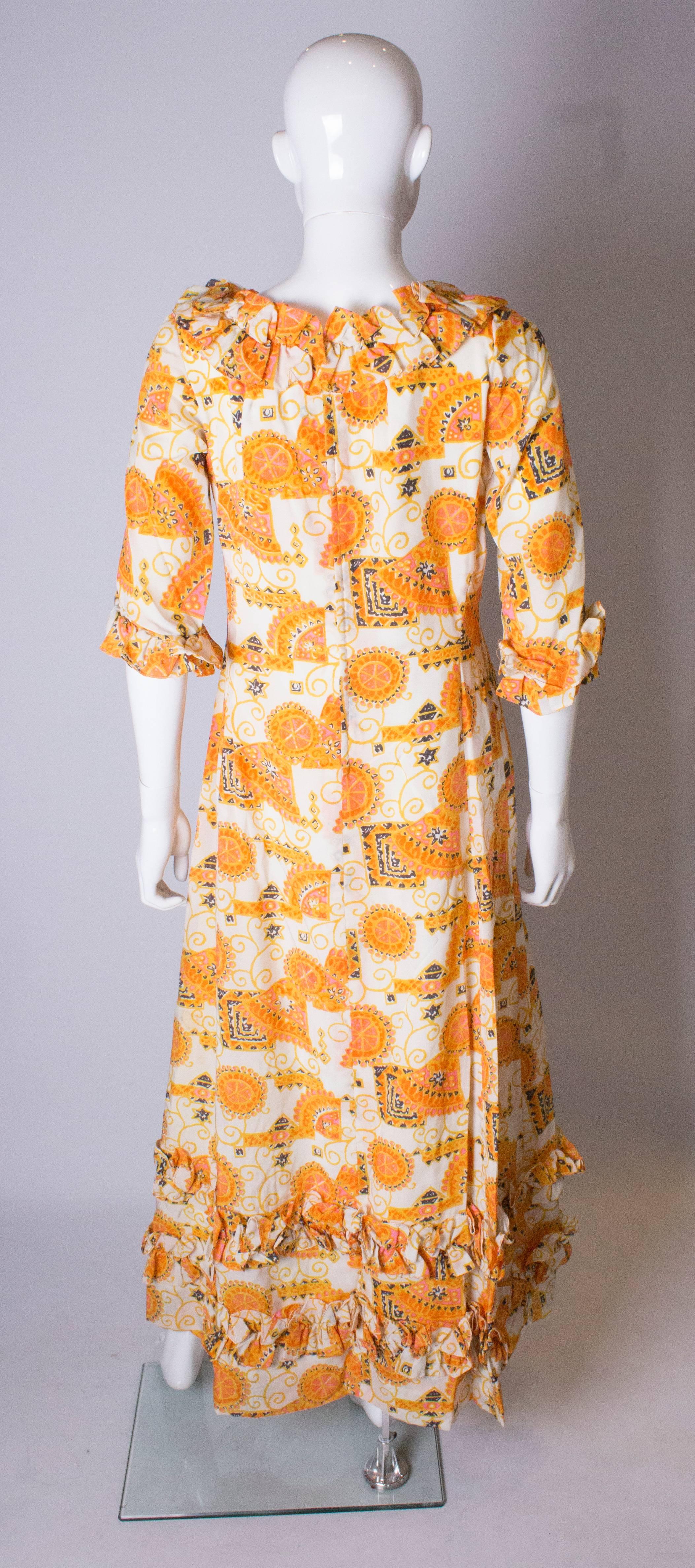 Vintage Print Frilled Gown by Binnie London For Sale 2