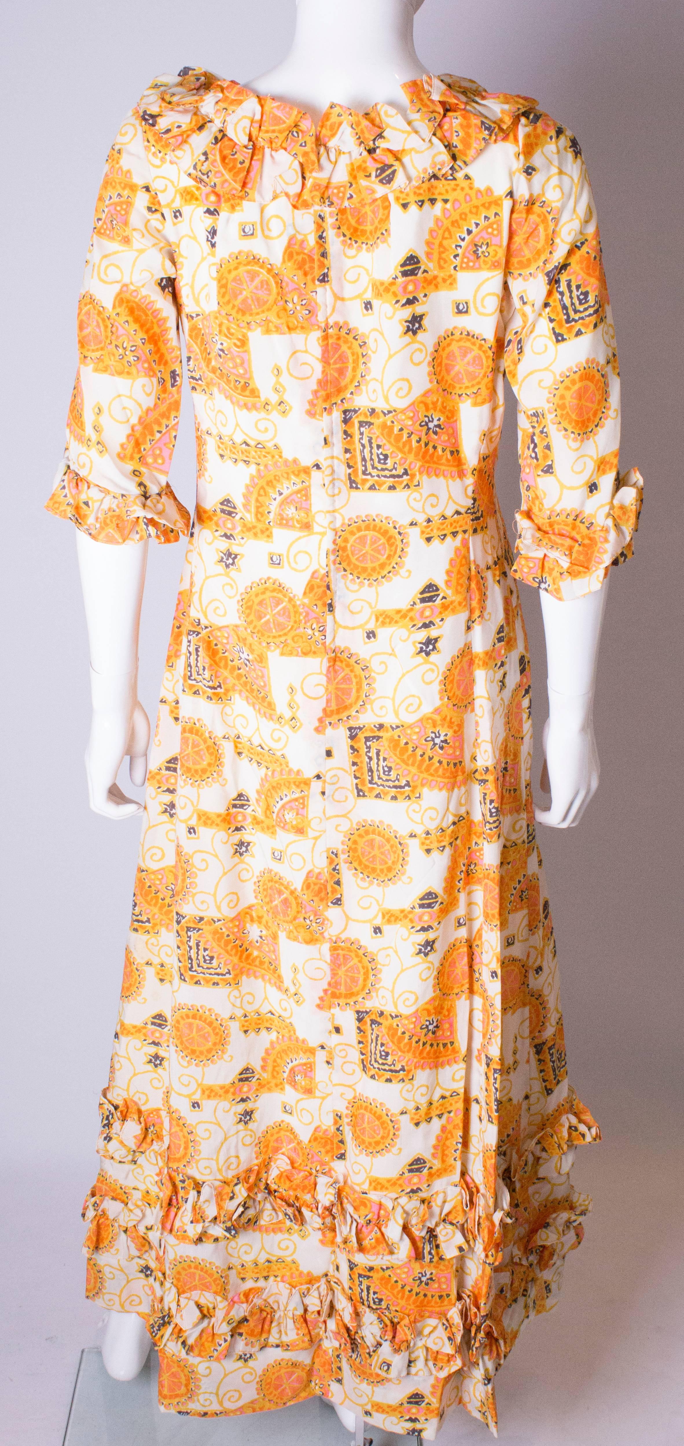 Vintage Print Frilled Gown by Binnie London For Sale 3