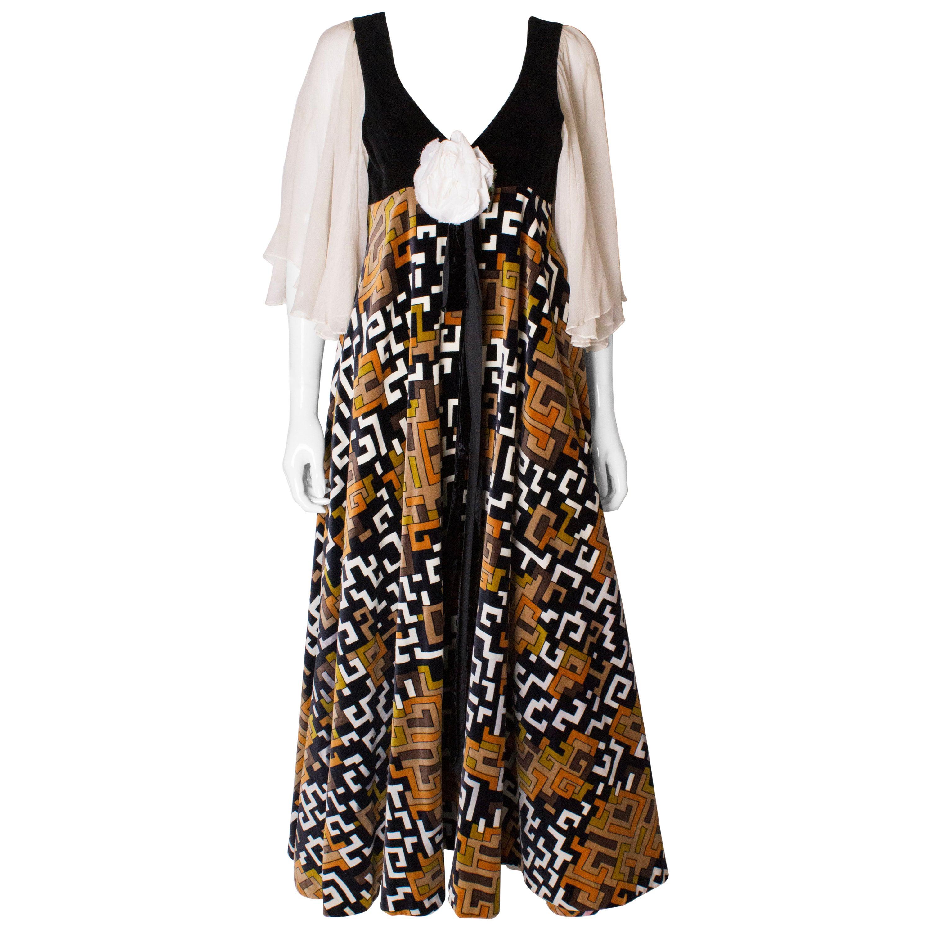 1960s Gina Fratini Lace Trimmed Sleeves w Floral Print Maxi Dress