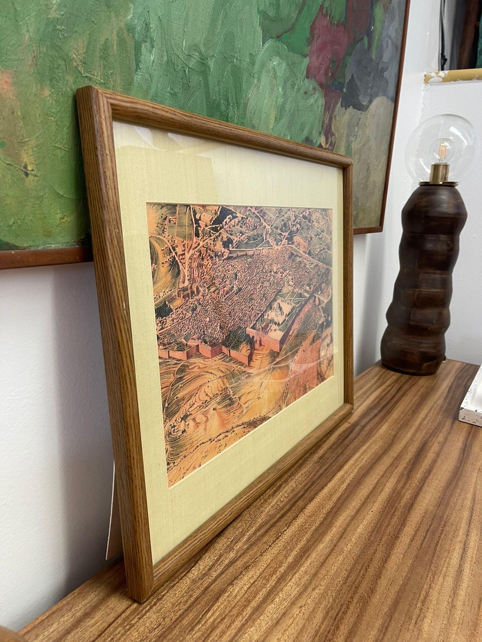 Vintage Print Map of Jerusalem With Wooden Frame In Good Condition For Sale In Seattle, WA