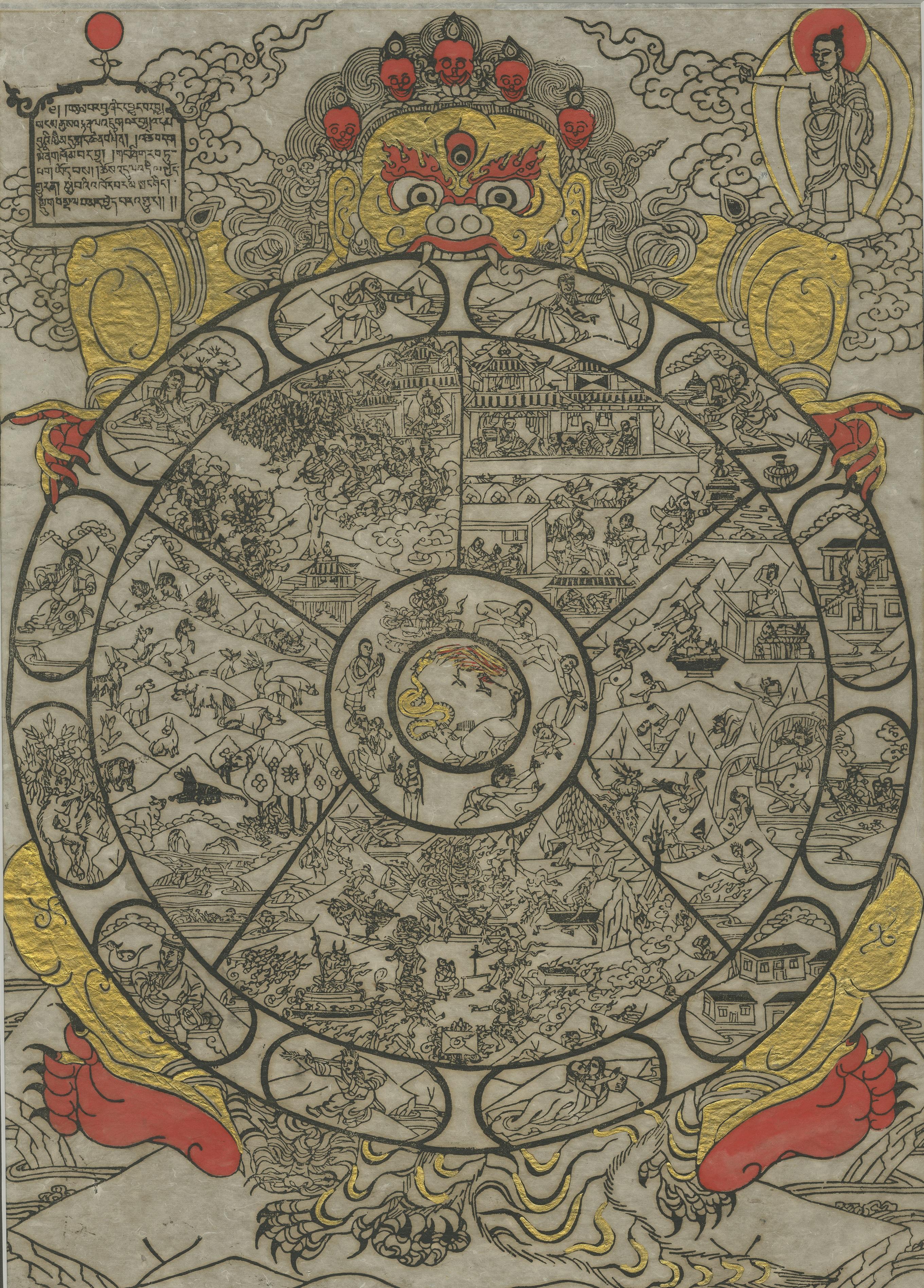 Beautiful print of the Bhavachakra, the Wheel of Life or Wheel of Becoming, which is a mandala - a complex picture representing the Buddhist view of the universe. To Buddhists, existence is a cycle of life, death, rebirth and suffering that they