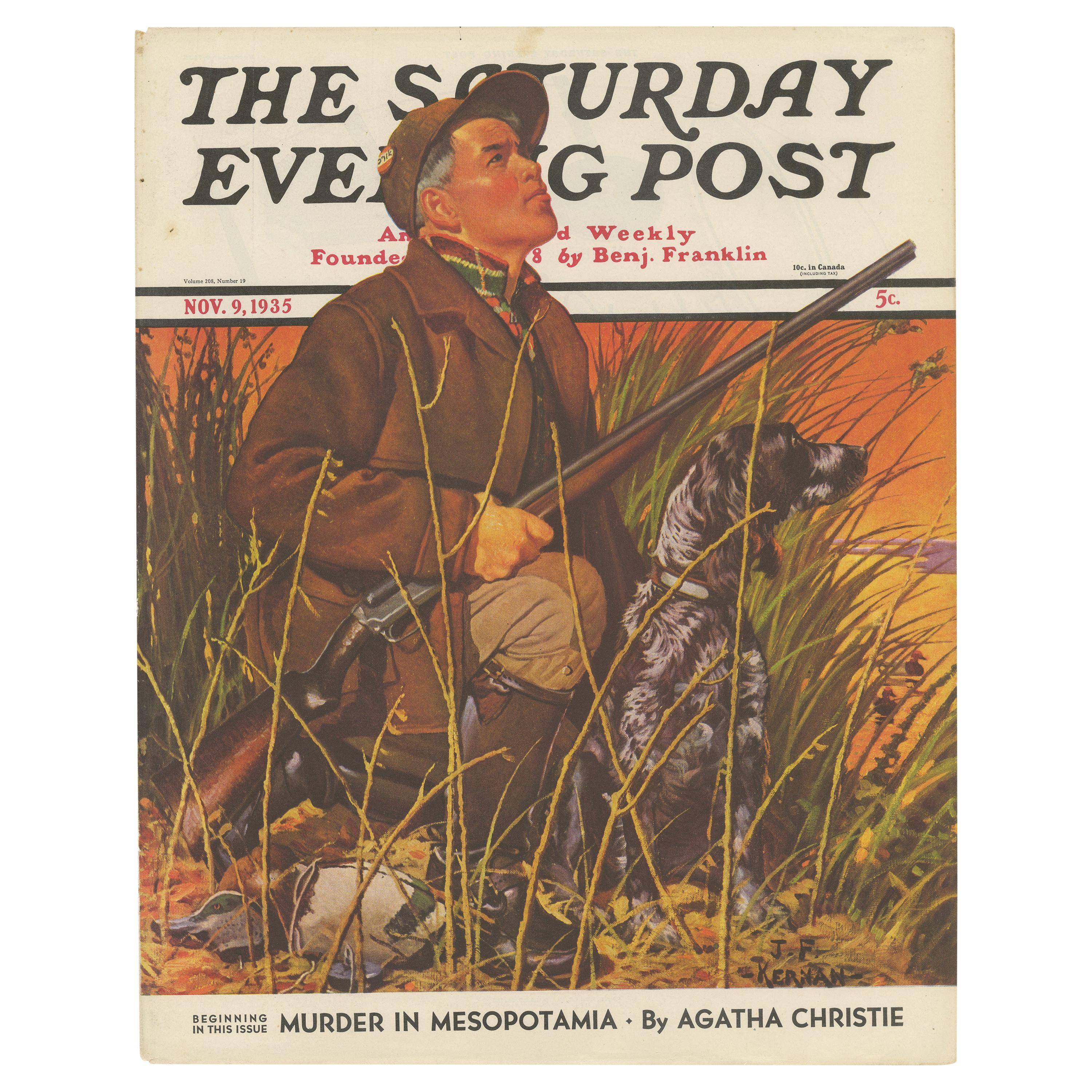 Affiche vintage d'un chasseur et de son chien « The Saturday Evening Post » (Le soir du samedi), 1935