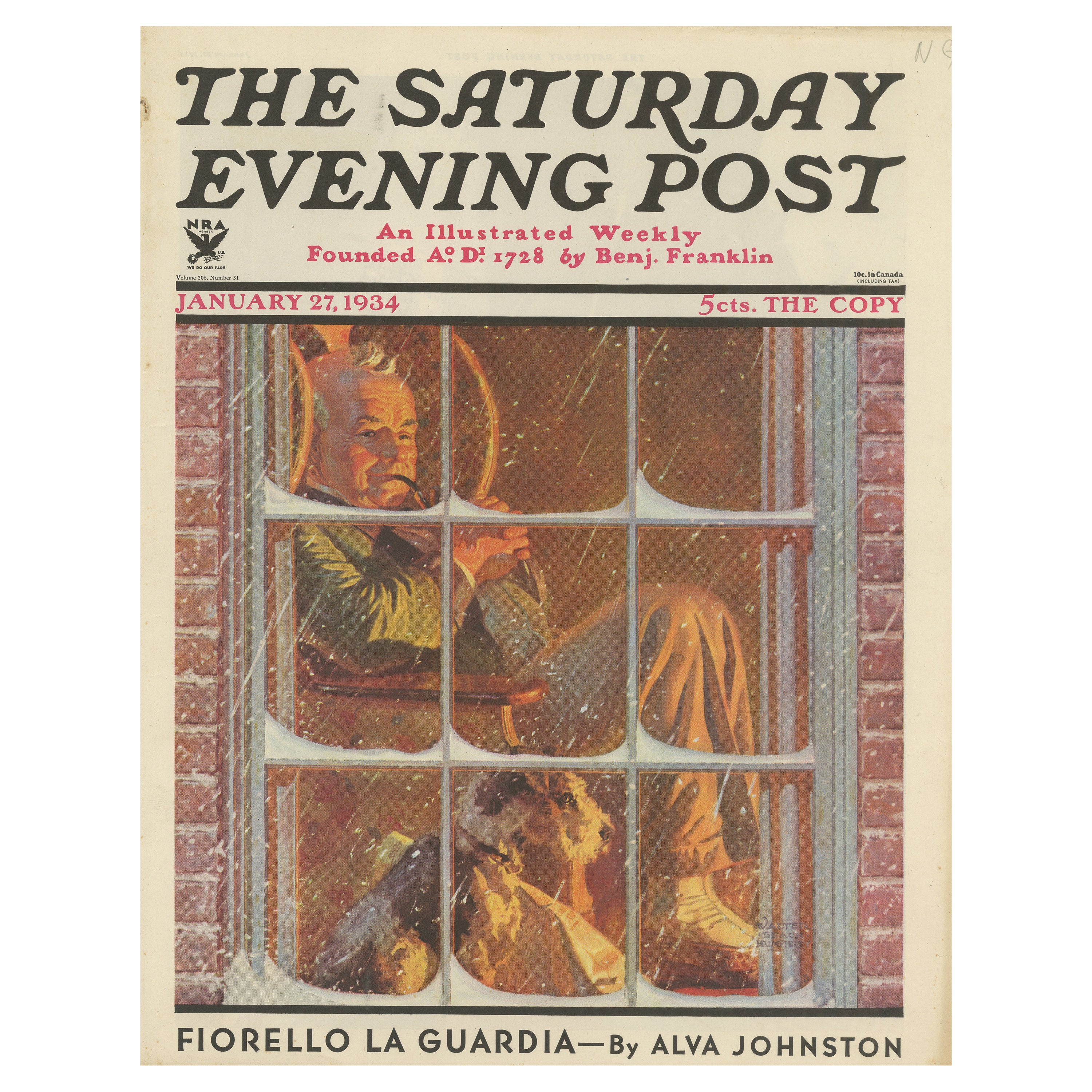 Vintage-Vintage-Vintage-Druck eines sitzenden Mannes und eines Hundes beim Feuer „The Saturday Evening Post“