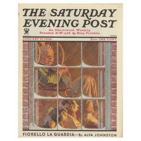 Vintage Print of a Man and Dog Sitting by the Fire 'The Saturday Evening Post'