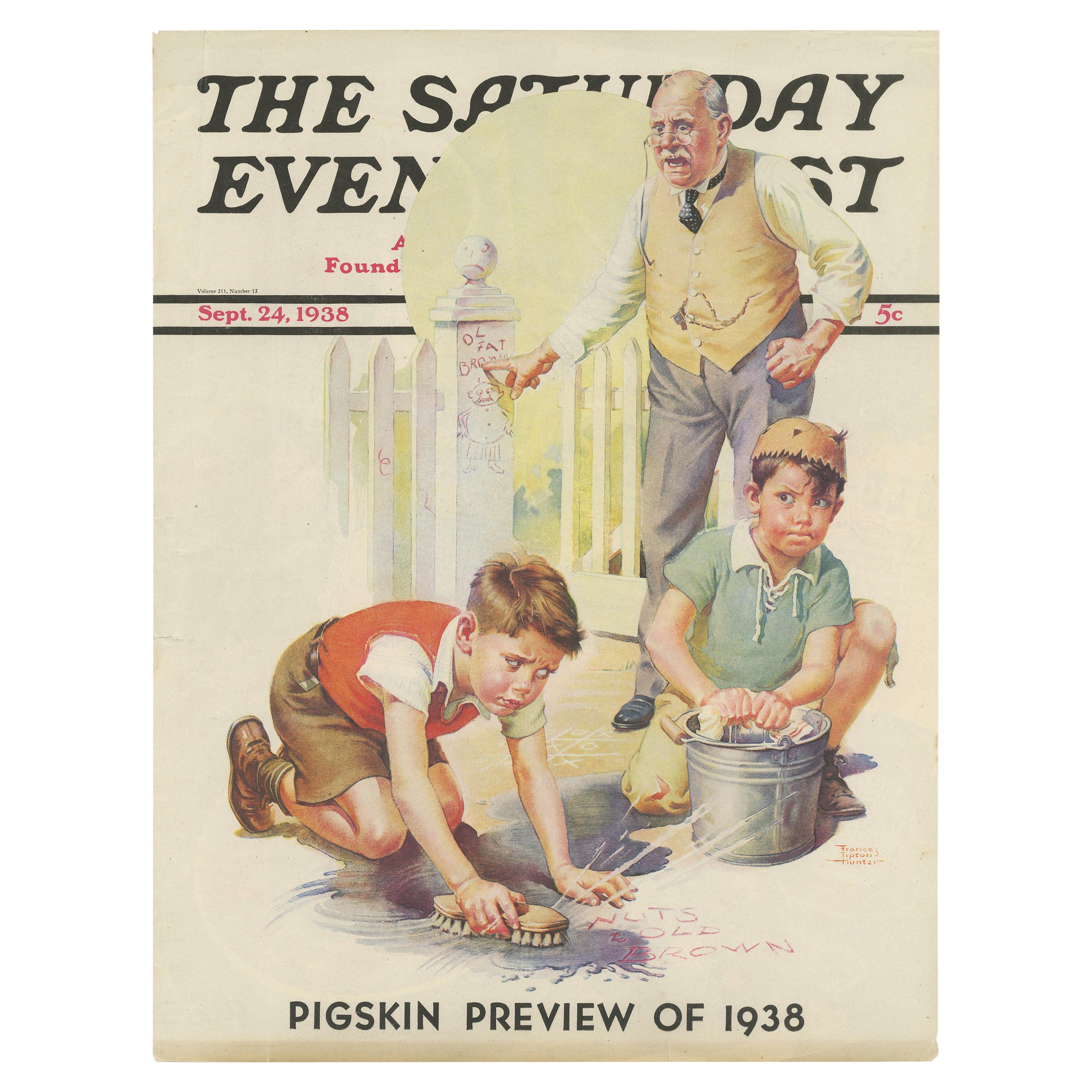 Vintage Print of Boys Cleaning Up Graffiti 'The Saturday Evening Post' '1938' For Sale