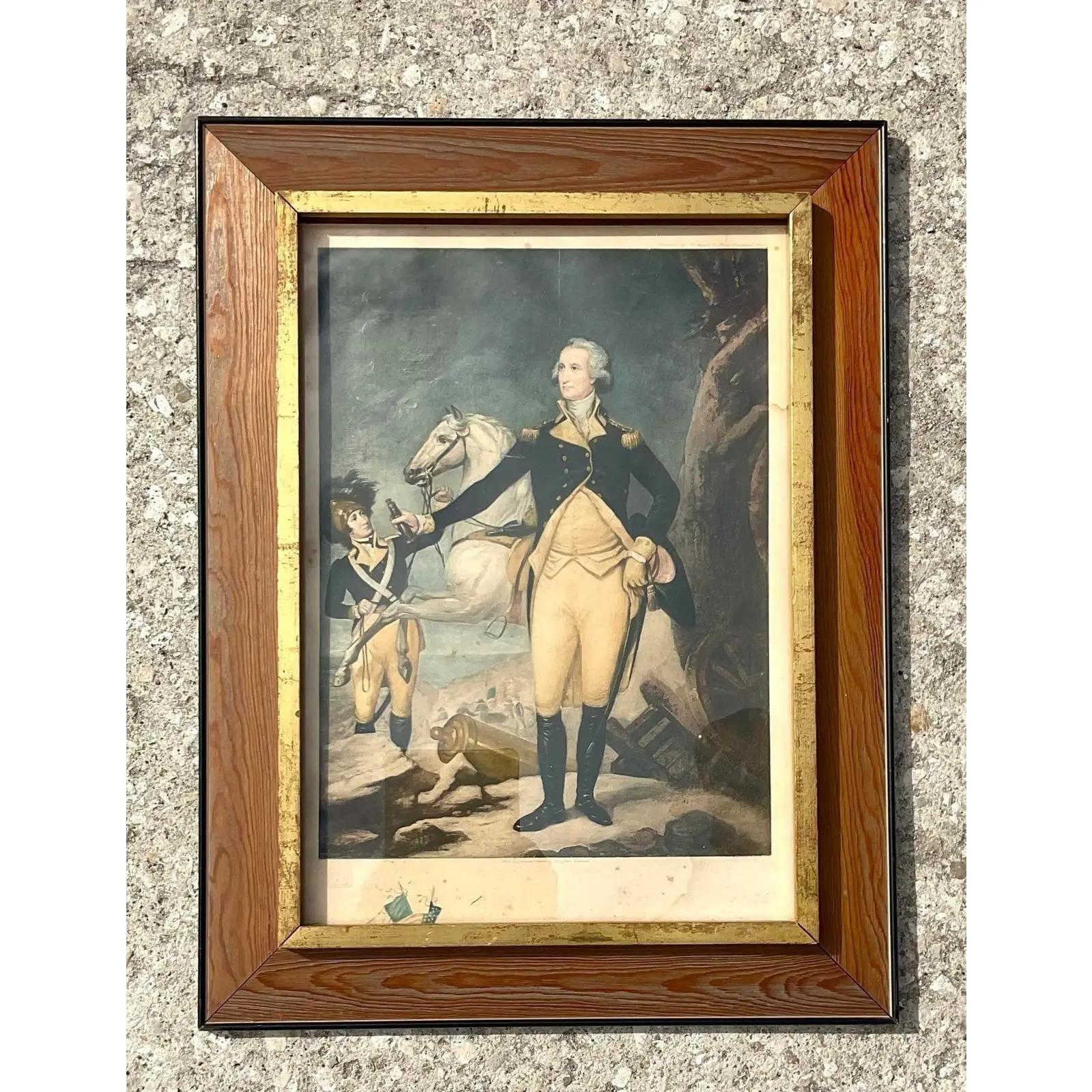 A vintage print of the painting George Washington before the Battle of Trenton from 1792-94. Beautiful gilt tipped frame. Acquired at a Palm Beach estate.