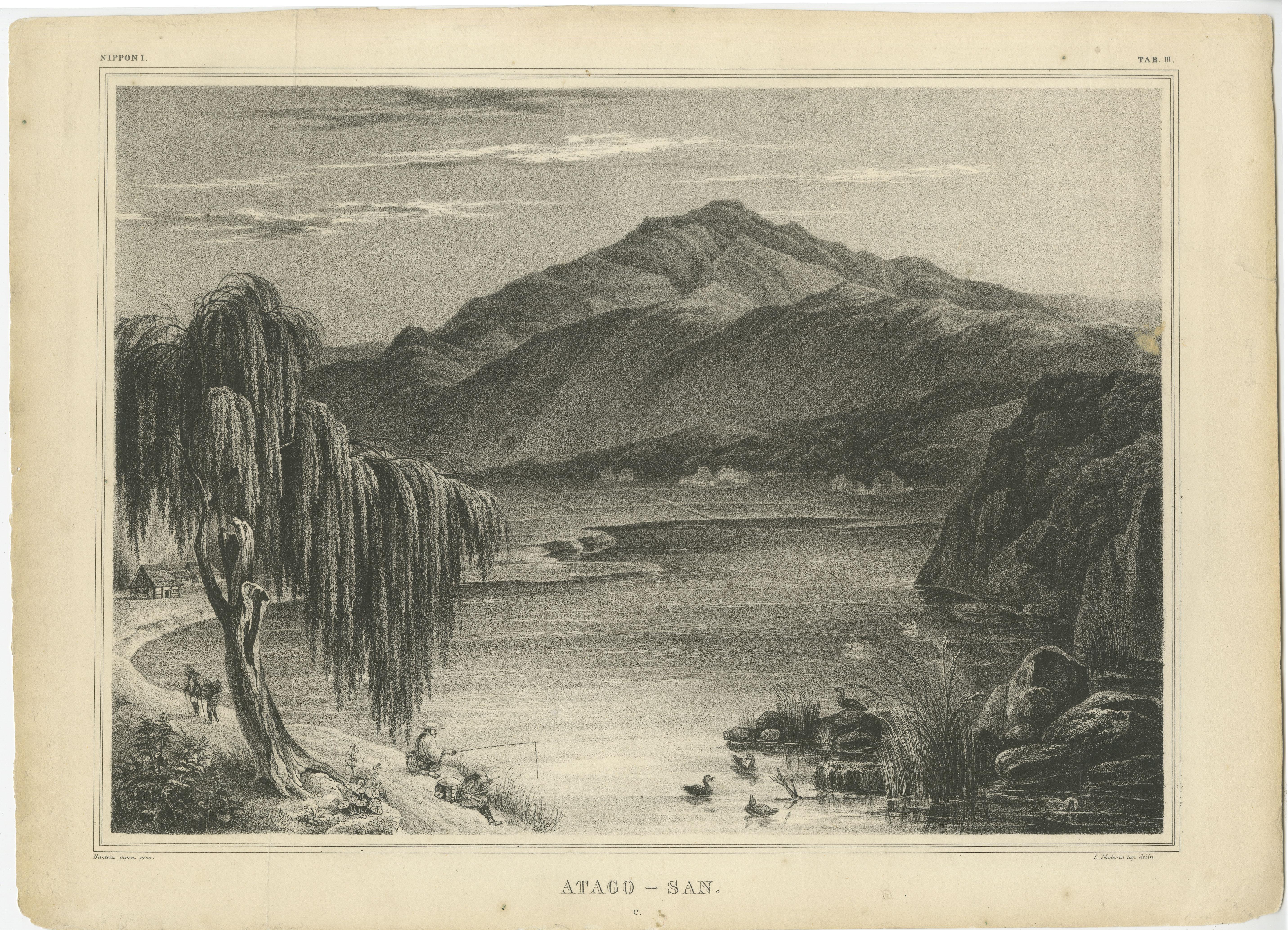 Vintage print titled 'Atago-San'. Original print with a view of Mount Atago. Mount Atago is a 924m mountain in the northwestern part of Ukyo-ku, in the city of Kyoto, Kyoto Prefecture, Japan. The Atago Shrine is located on the top of the