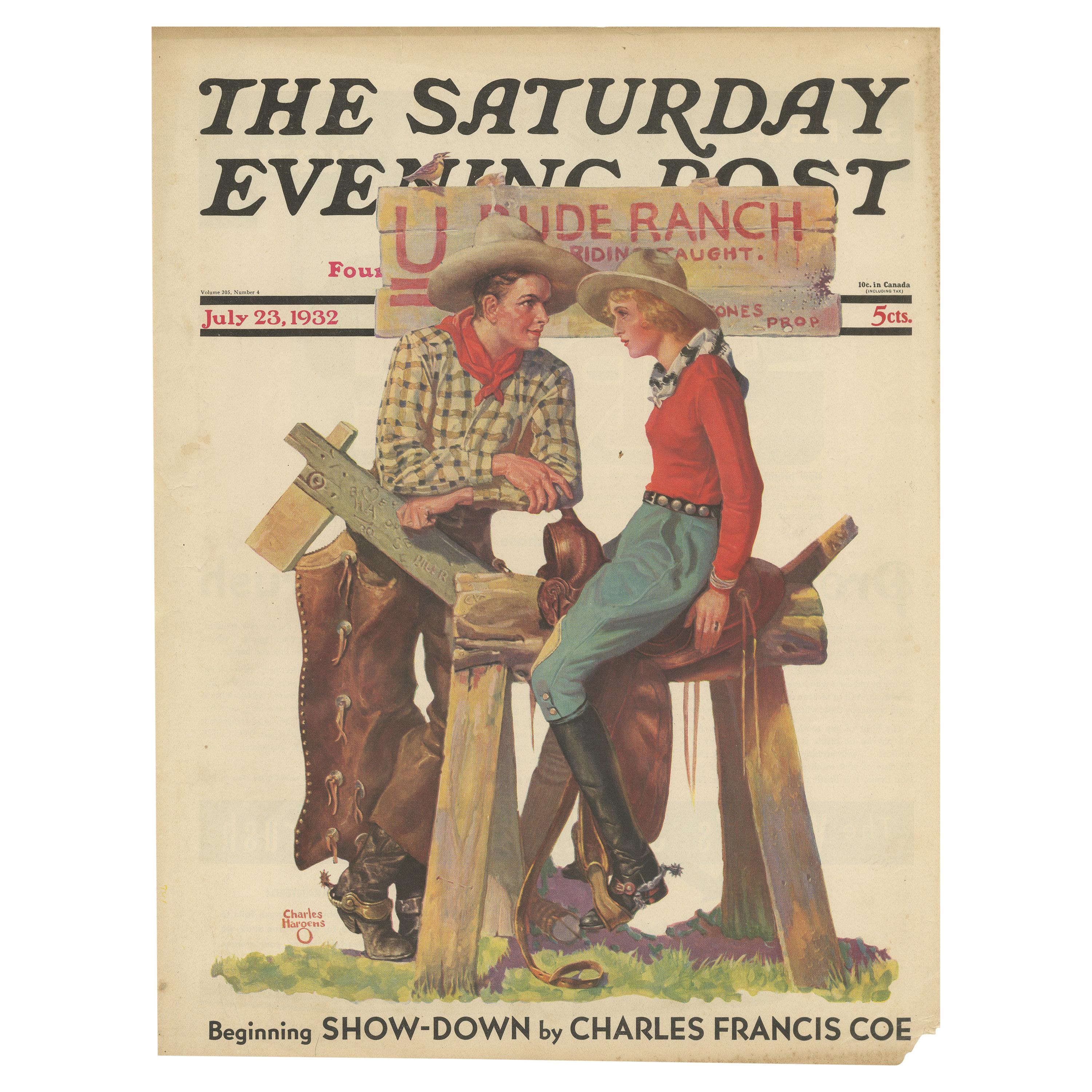 Affiche vintage des ranchs « The Saturday Evening Post » (Le soir du samedi) de 1932