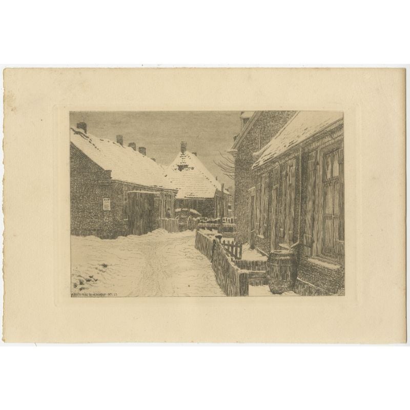 Vintage print titled 'Kruissteeg te Hilversum'. View of the 'Kruissteeg' in Hilversum (in winter), the Netherlands. Published circa 1925.

Artists and Engravers: Etching by L. Prins.

Condition: Good, general age-related toning. Blank verso.