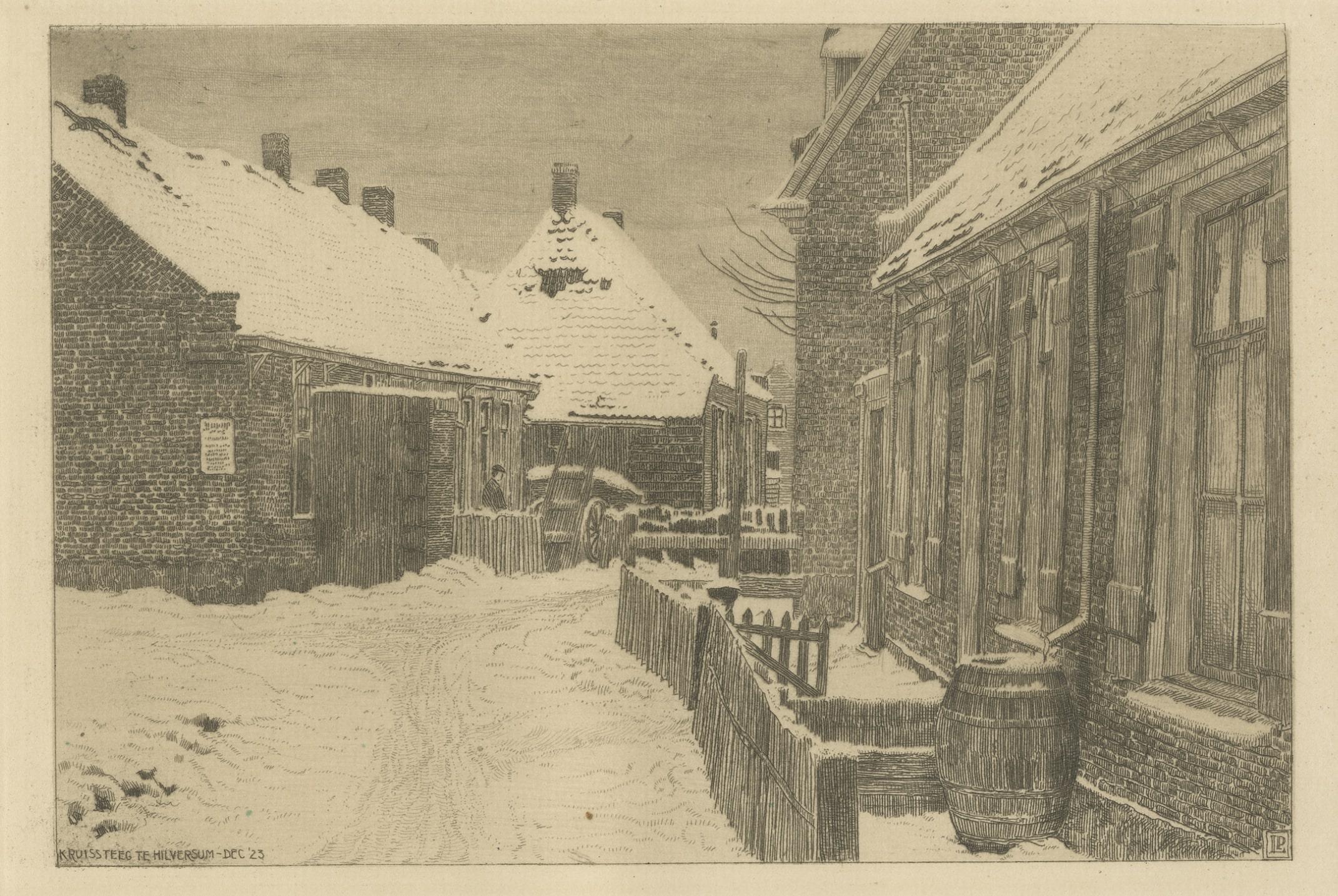 Paper Vintage Print of Winter Scene in the Kruissteeg, Hilversum, Holland, c.1925 For Sale
