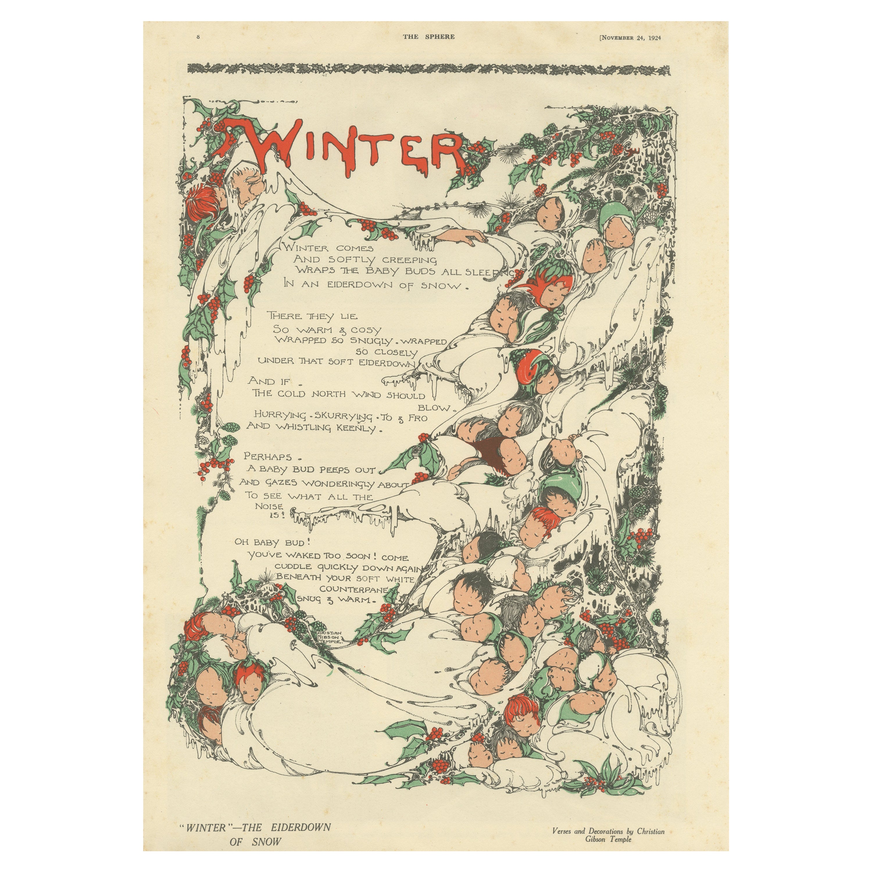 Vintage-Druck mit Versen über Winter '1924'