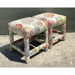 Vintage Printed Paper Napkin Low Stools - A Pair