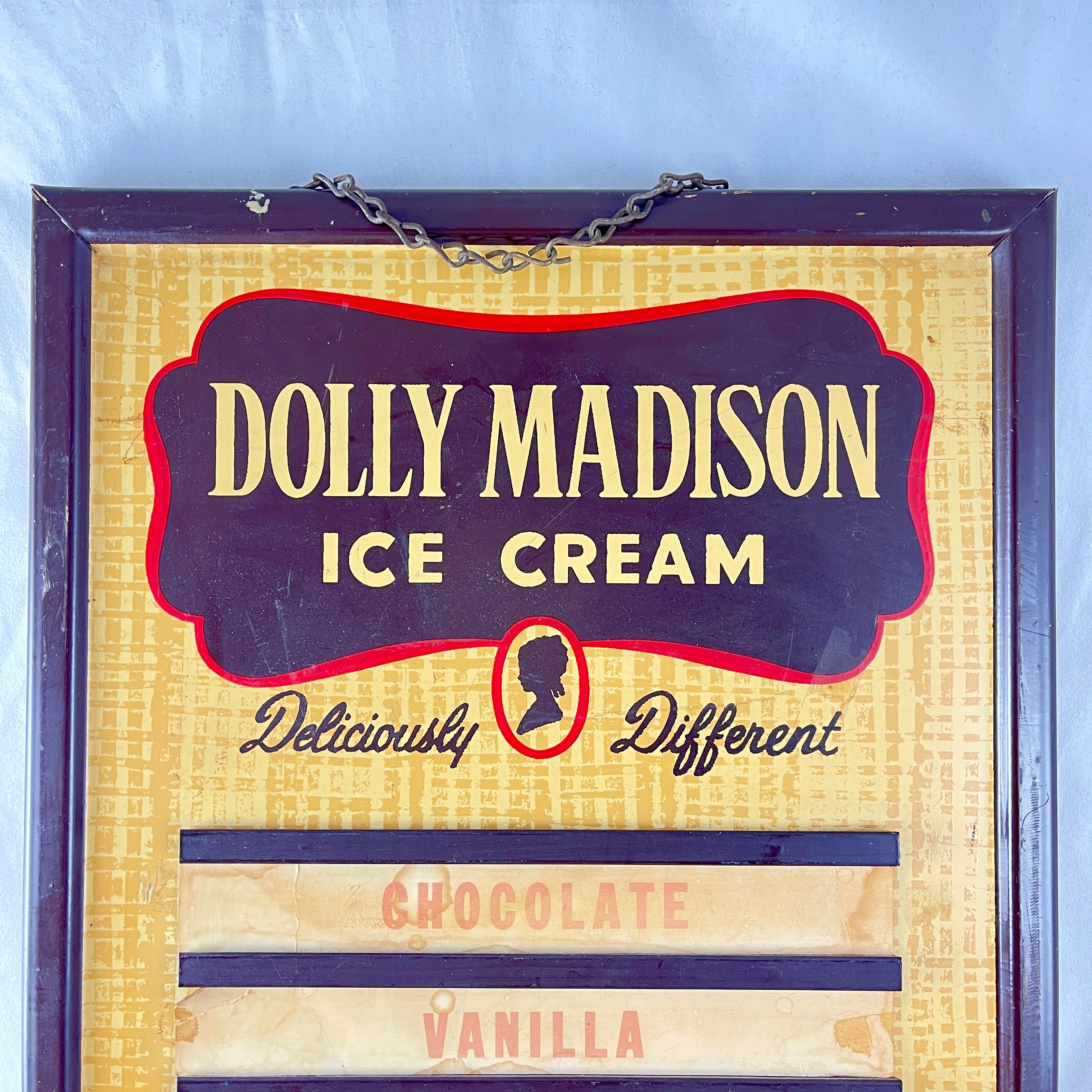 Tablero de sabores de helados Dolly Madison de estaño impreso vintage clásico estadounidense en venta