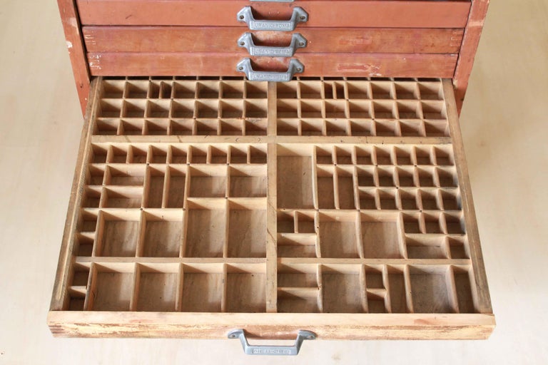 Vintage Red Printer's Wood Chest of Drawers, Industrial Design from the