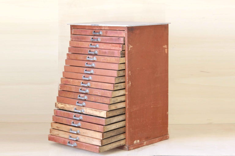 Vintage Red Printer's Wood Chest of Drawers, Industrial Design from the