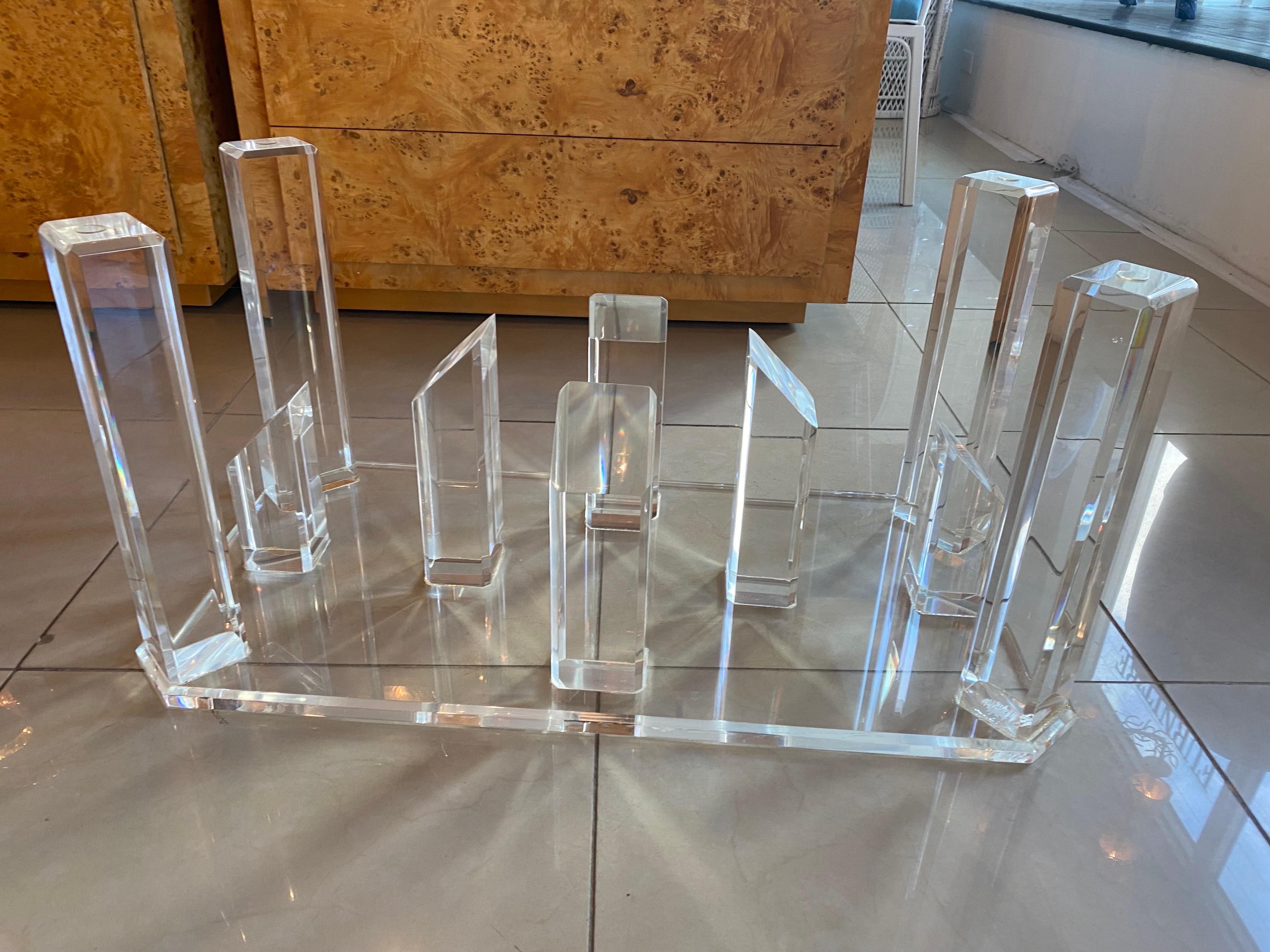 Vintage prism sphere column, of varying cuts and heights, lucite coffee cocktail table base. No chips or breaks. Ready for you glass, marble, granite or wood top.