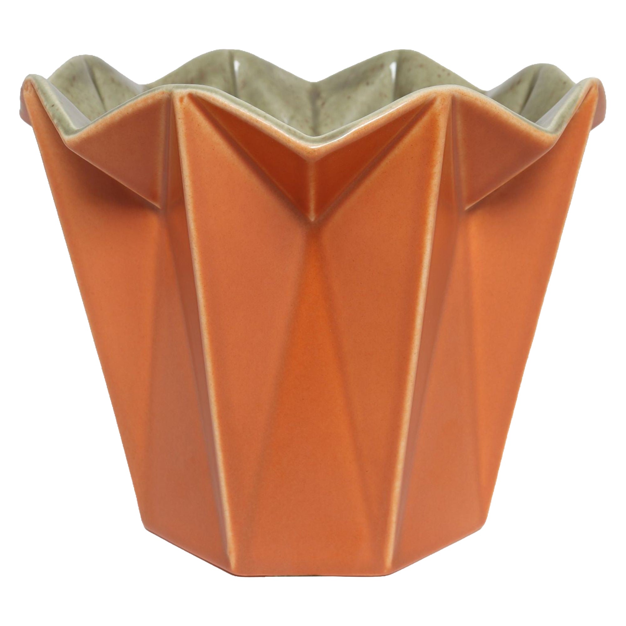 Vaso d'epoca "Prismatique" arancione e verde di Belle Kogan per Red Wing Pottery in vendita