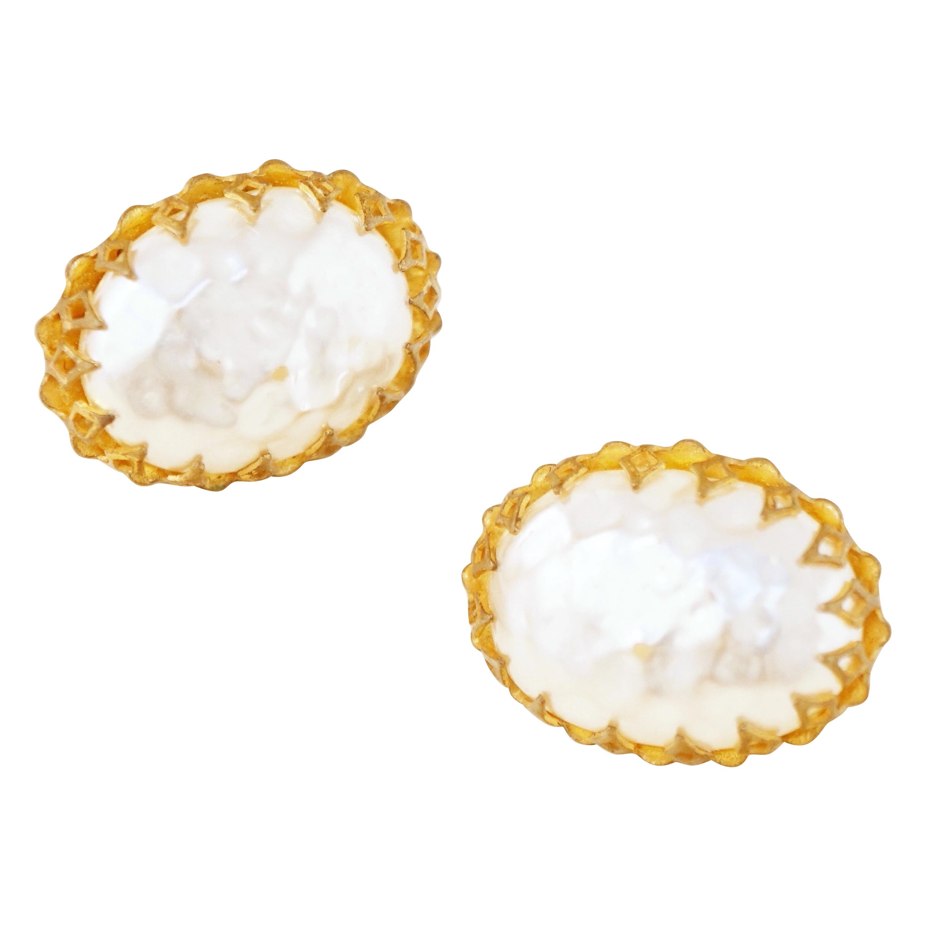 Vintage Prong Set Baroque Mabe Pearl Earrings by Miriam Haskell, 1950s