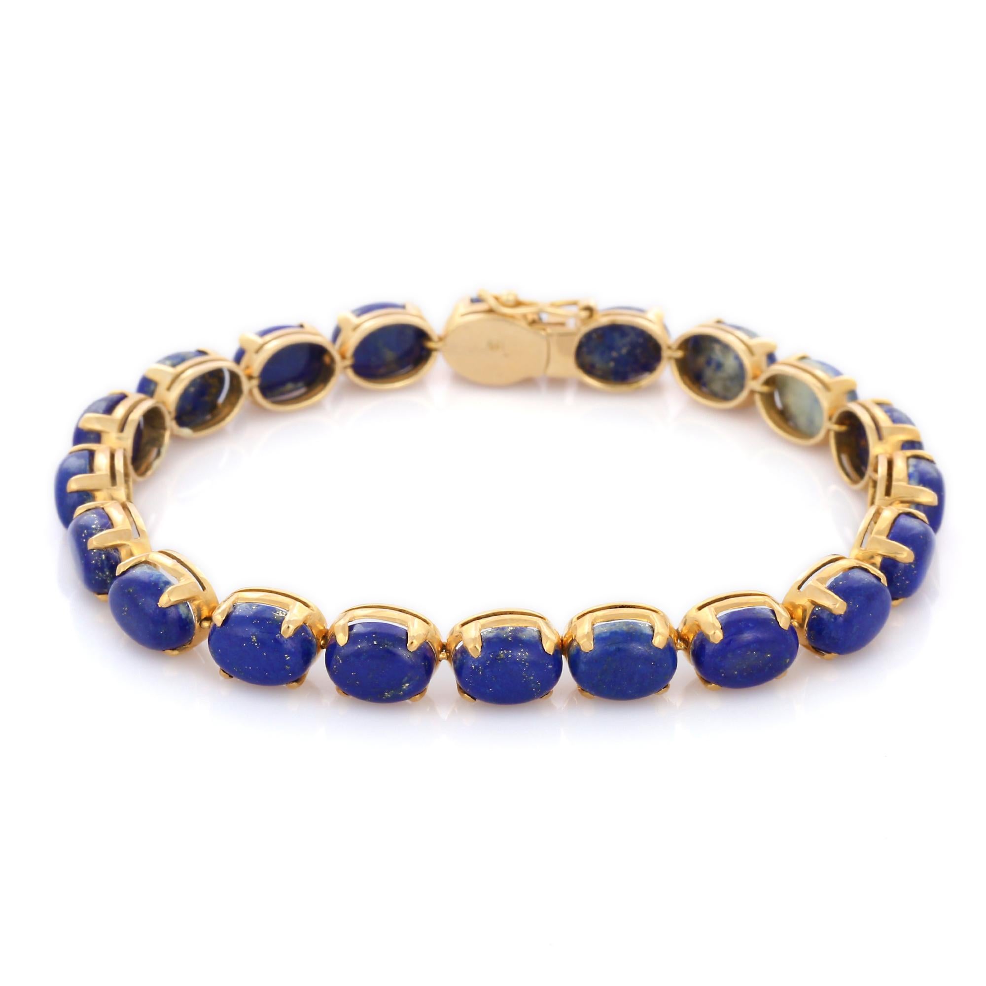 Bracelets are worn to enhance the look. Women love to look good. It is common to see a woman rocking a lovely gold bracelet on her wrist. A gold gemstone bracelet is the ultimate statement piece for every stylish woman.
Lapis Lazuli tennis bracelet