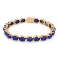 Vintage Prong Setting 33.35 Ct Lapis Lazuli Tennis Bracelet in 14K Yellow Gold