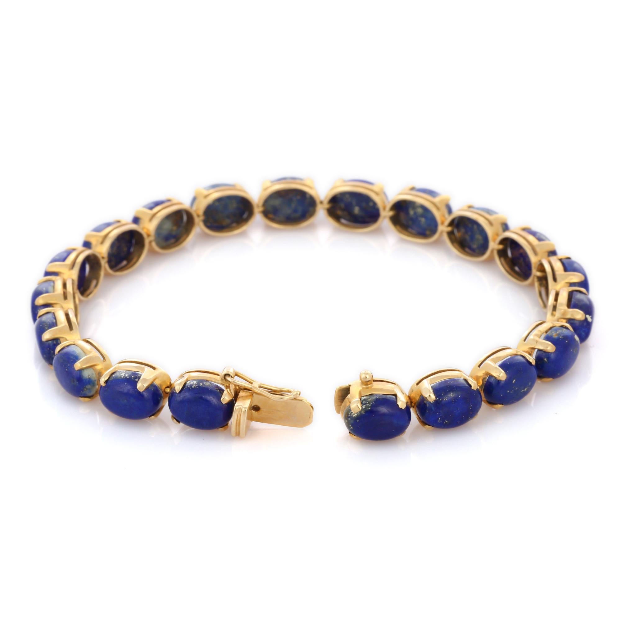 Art Deco Vintage Prong Setting 33.35 Ct Lapis Lazuli Tennis Bracelet in 14K Yellow Gold For Sale