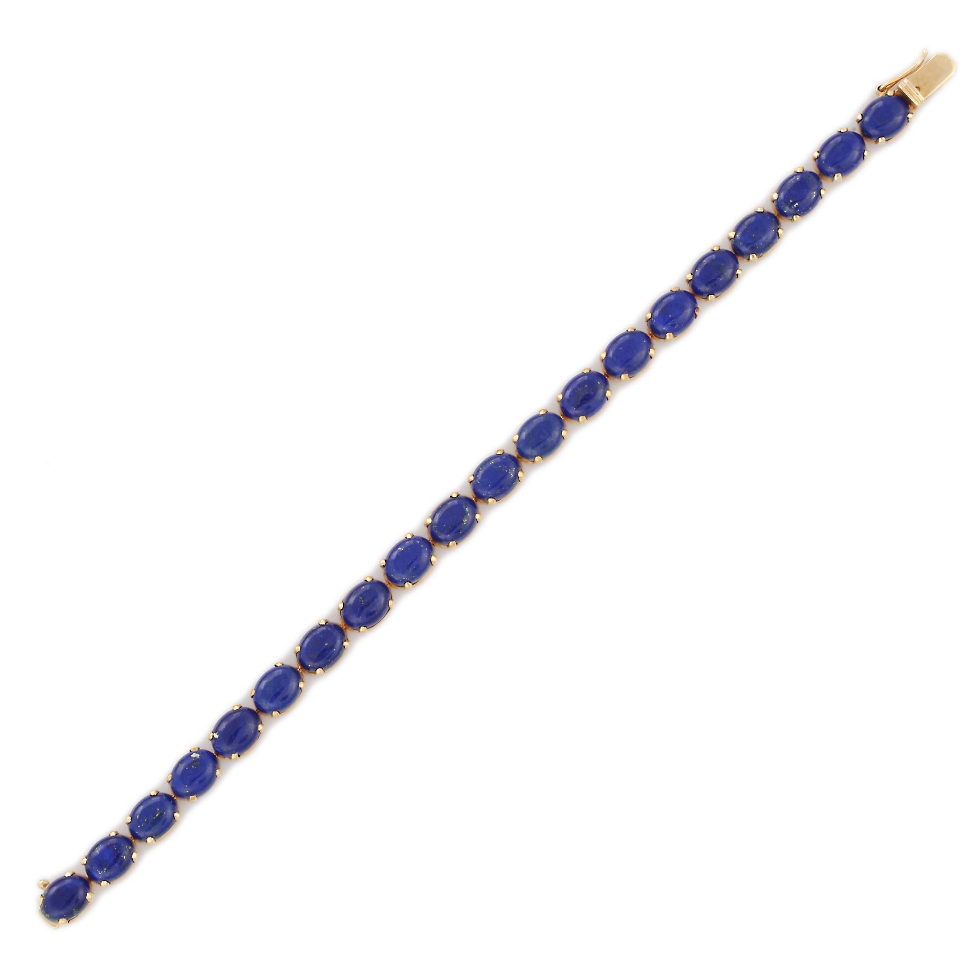 Oval Cut Vintage Prong Setting 33.35 Ct Lapis Lazuli Tennis Bracelet in 14K Yellow Gold For Sale