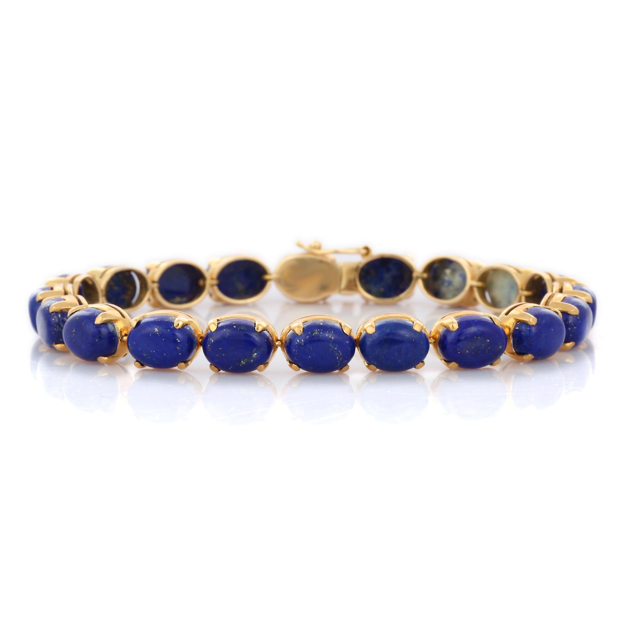 Vintage Prong Setting 33.35 Ct Lapis Lazuli Tennis Bracelet in 14K Yellow Gold In New Condition For Sale In Houston, TX