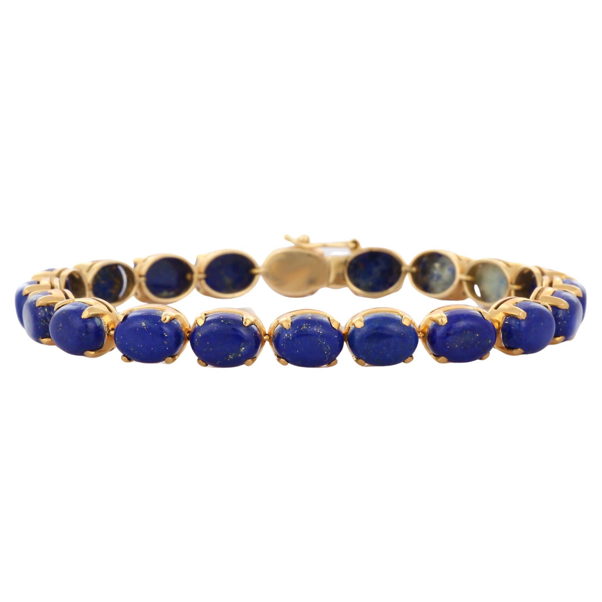 Vintage Prong Setting 33.35 Ct Lapis Lazuli Tennis Bracelet in 14K Yellow Gold For Sale