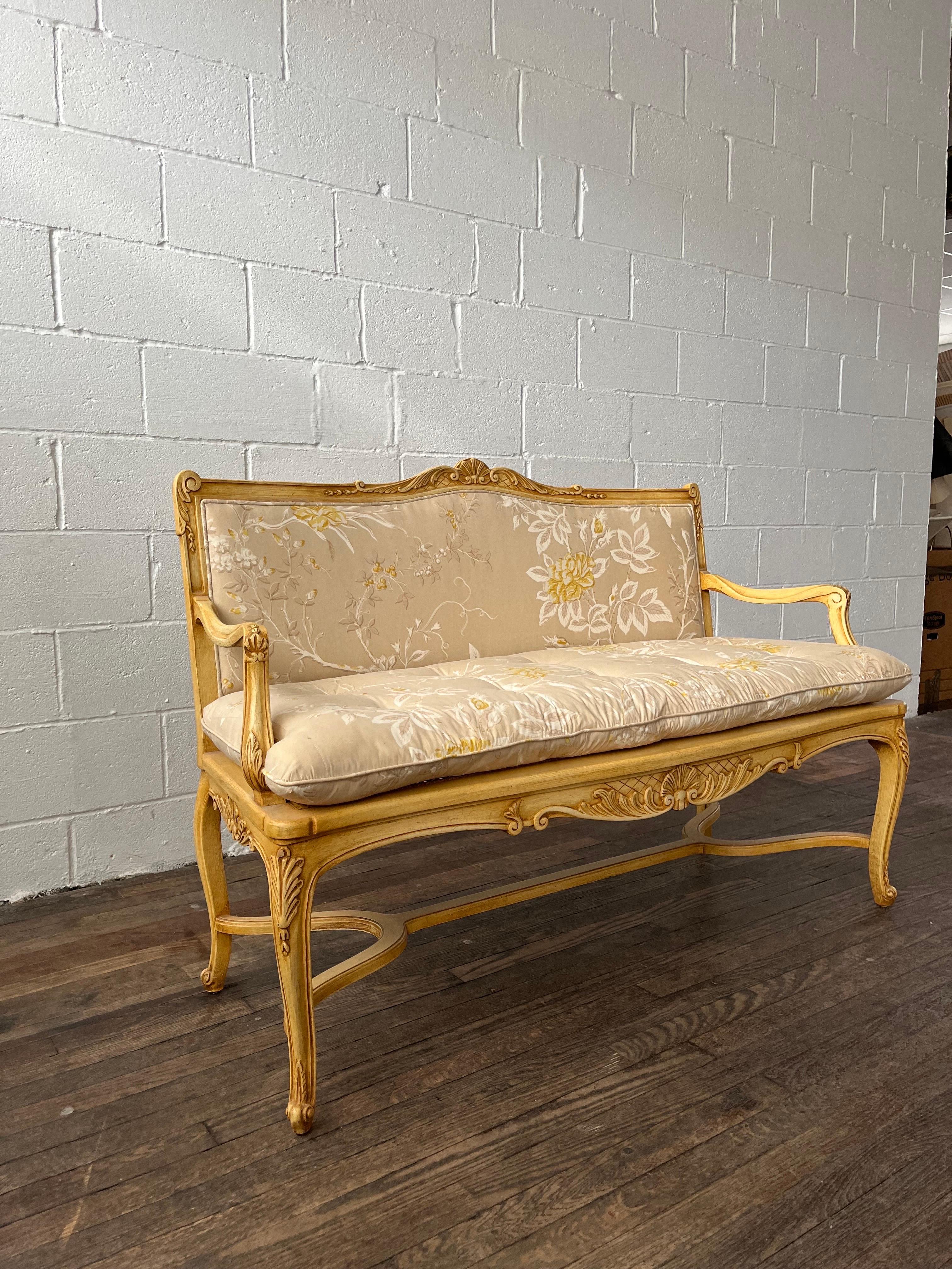 French Provincial Vintage Provincial Cane Upholstered Settee For Sale