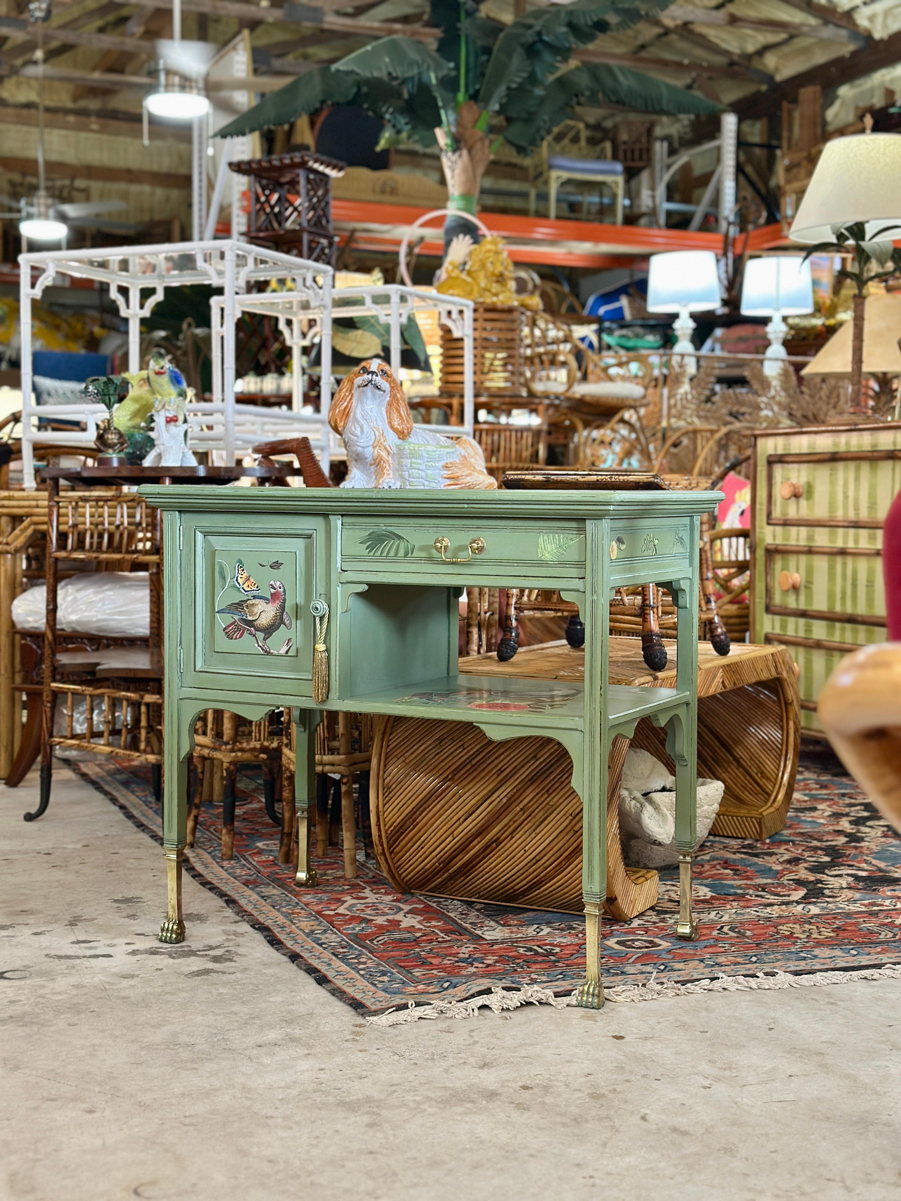 Regency Vintage Provincial Coastal Tropical Hand Painted Decoupage Sideboard