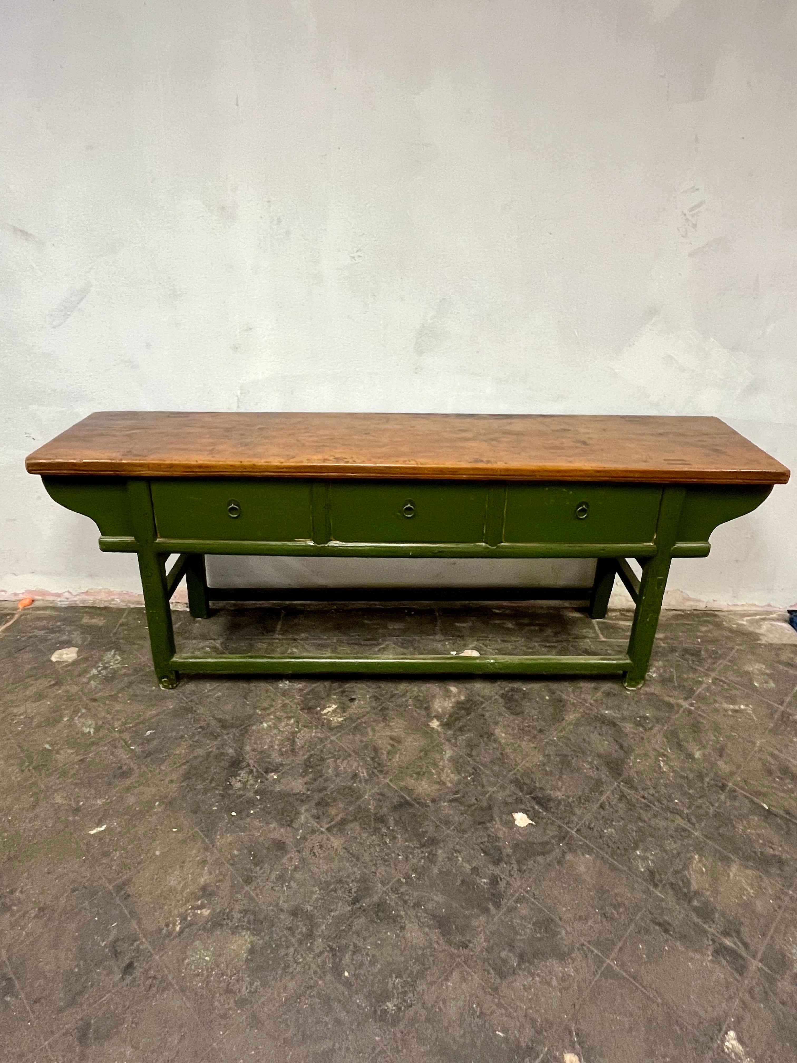 Stunning 3 drawer Dongbei Table. Contrasting green cabinetry topped with honey colored top surface. Fantastic patina. 3 drawers for ample storage. Peg joinery. 
Curbside to NYC/Philly $450