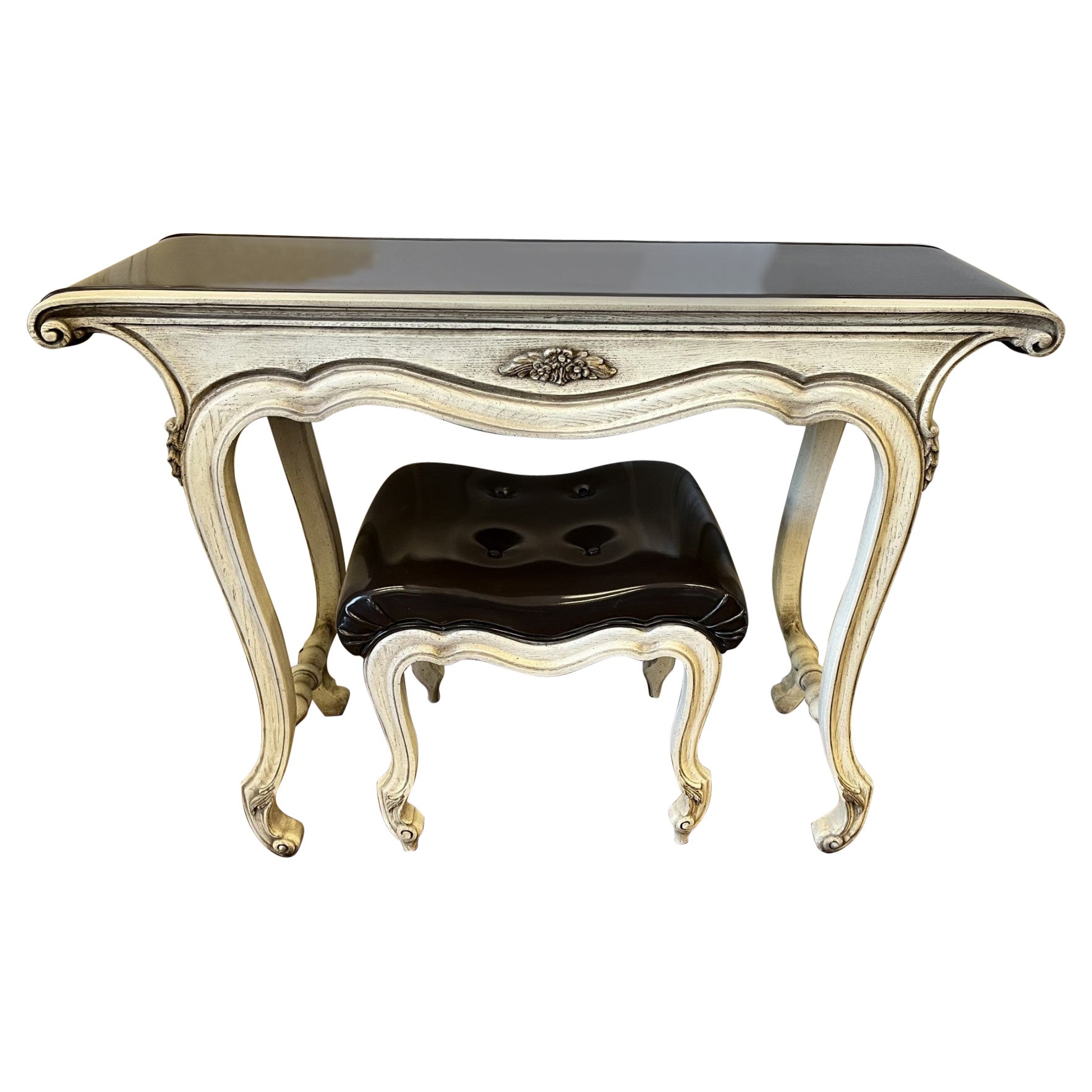 Vintage Provincial Patent Leather Top Vanity With Matching Stool